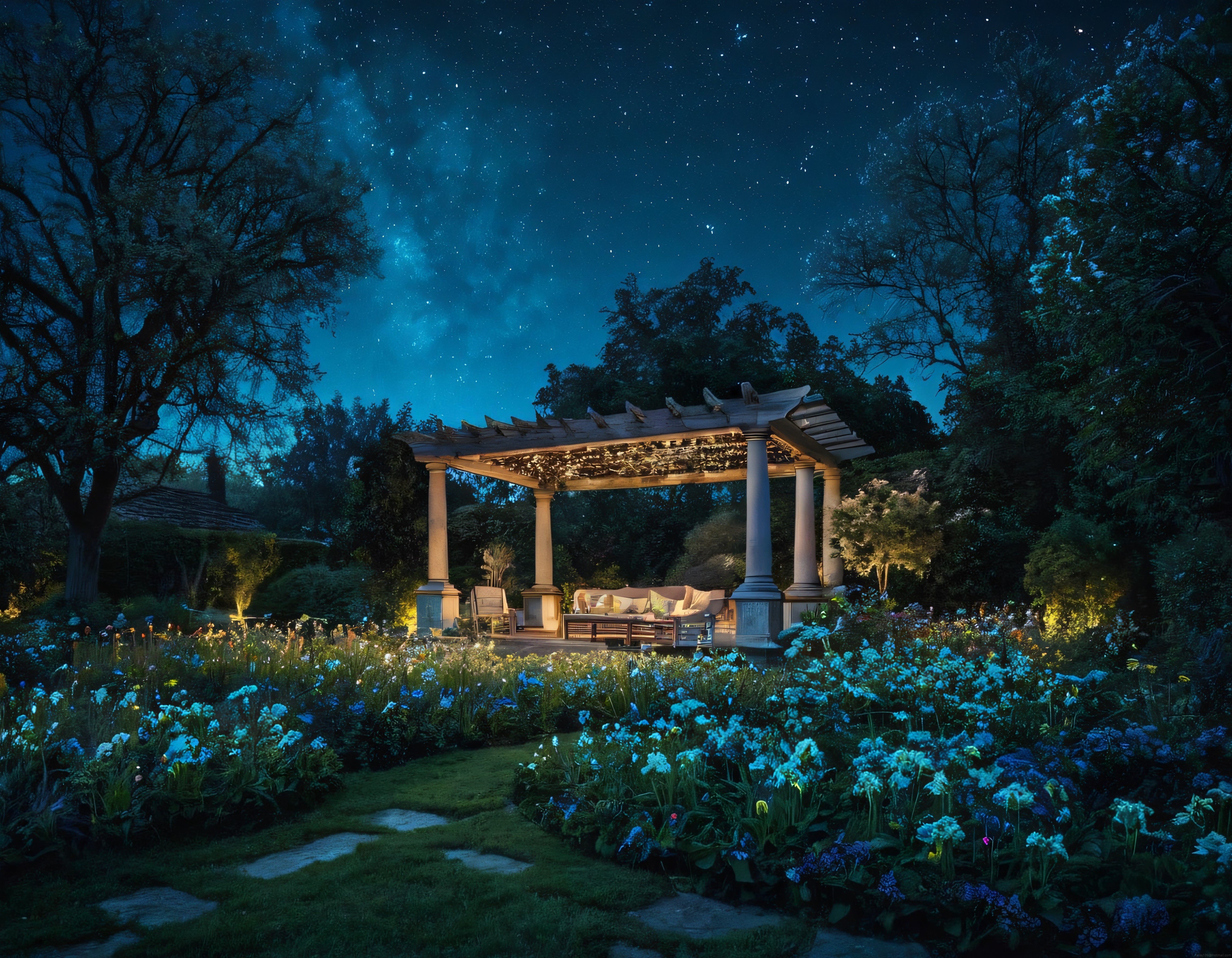 yıldızlı gecede sütunlu pergola ve mavi çiçeklerle süslenmiş gizemli bahçe