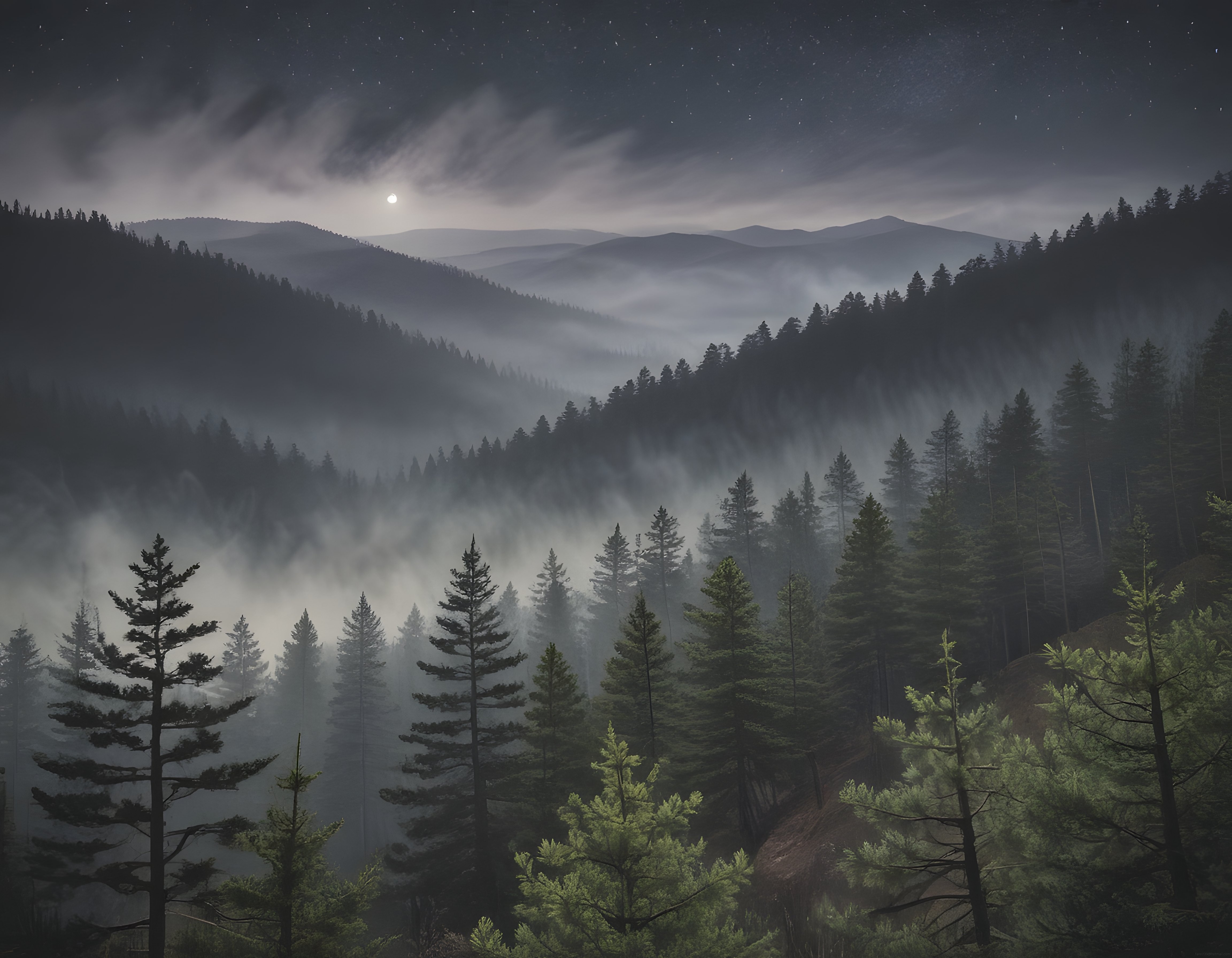 Yıldızlı Gökyüzü Altında Sisli Dağ Ormanlarında Gizemli Gece Atmosferi