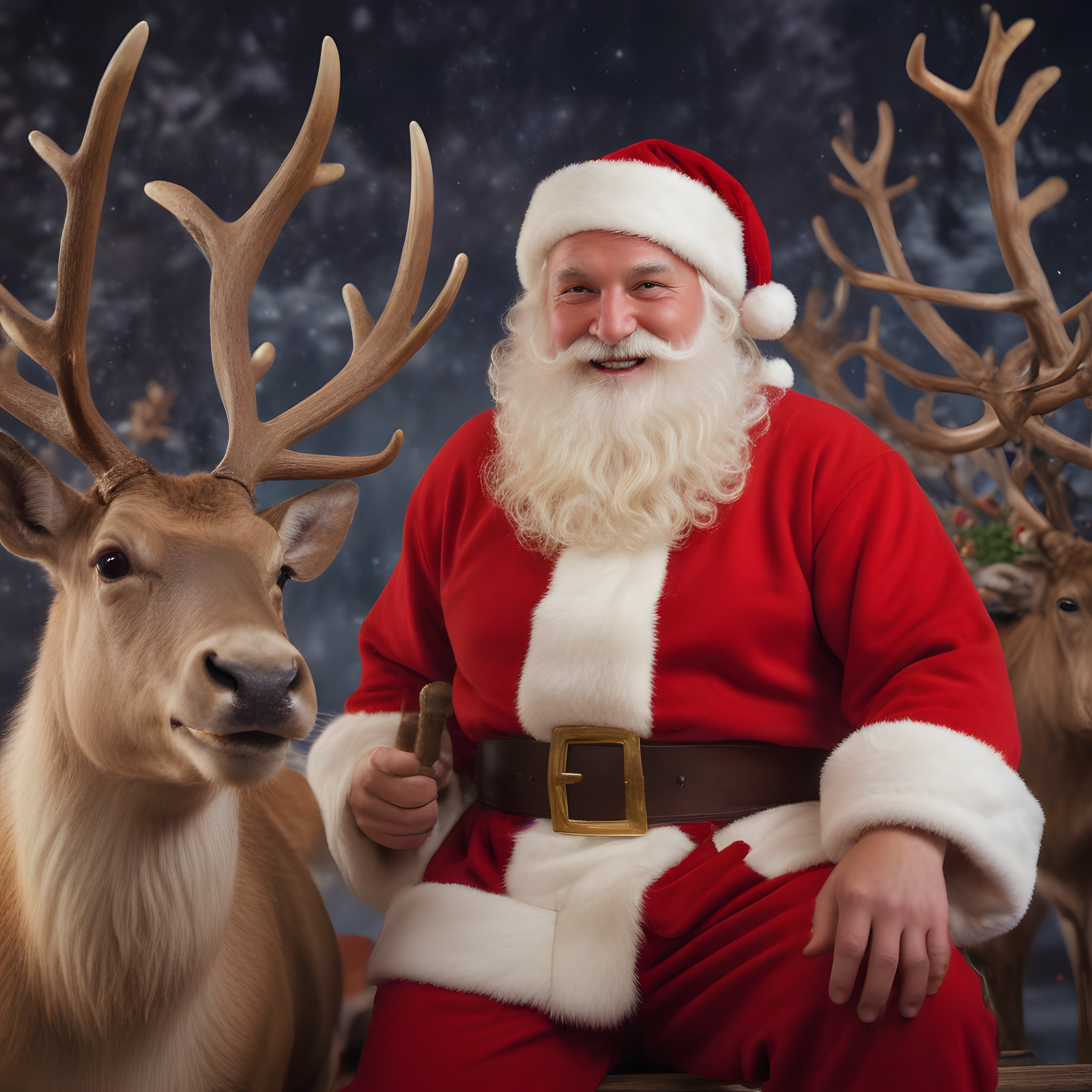 Yıldızlı Kış Gecesinde Gülümseyen Noel Baba ve Ren Geyikleri Portresi