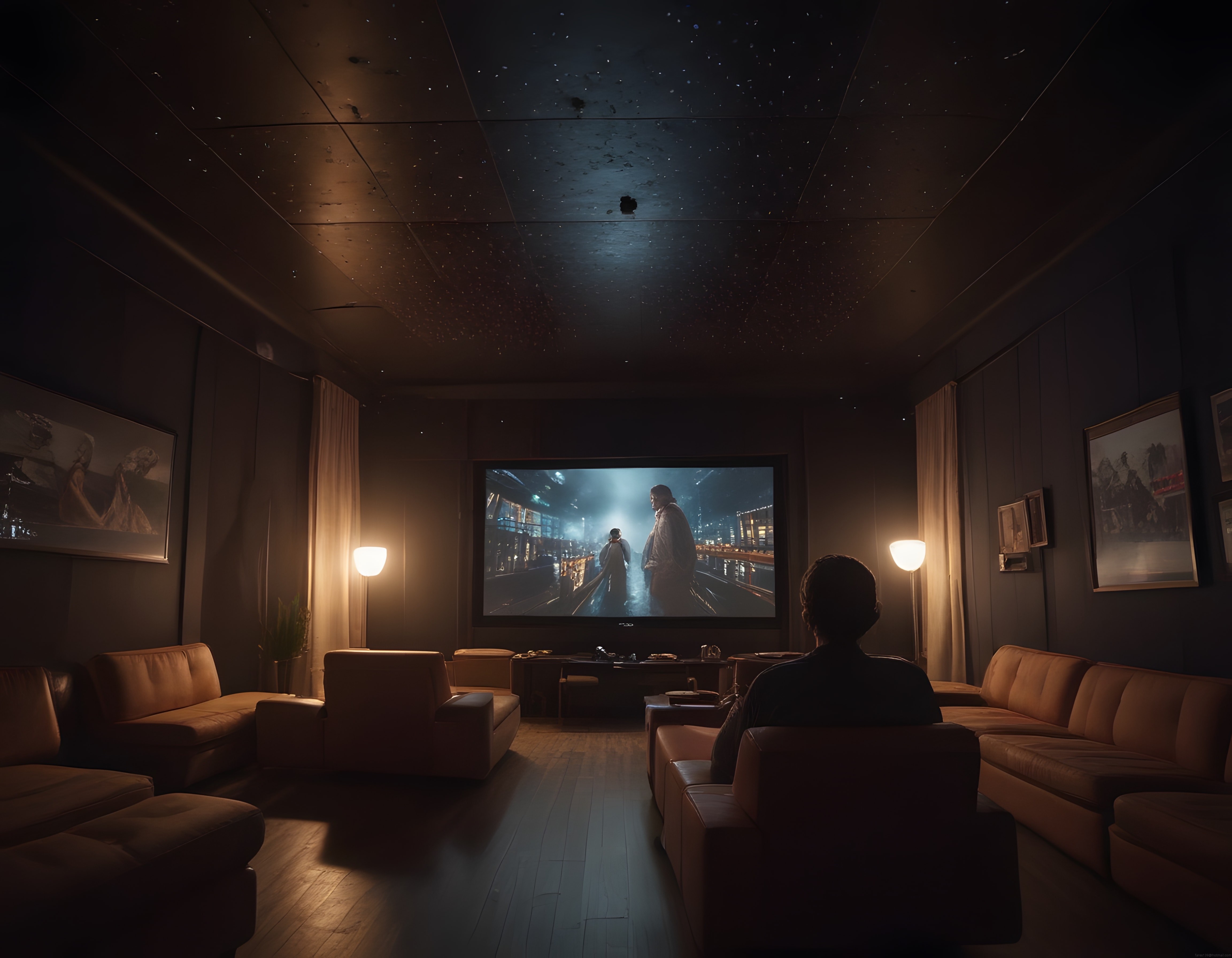 Yıldızlı Tavan Altında Lüks Ev Sinema Odasında Film İzleme Keyfi