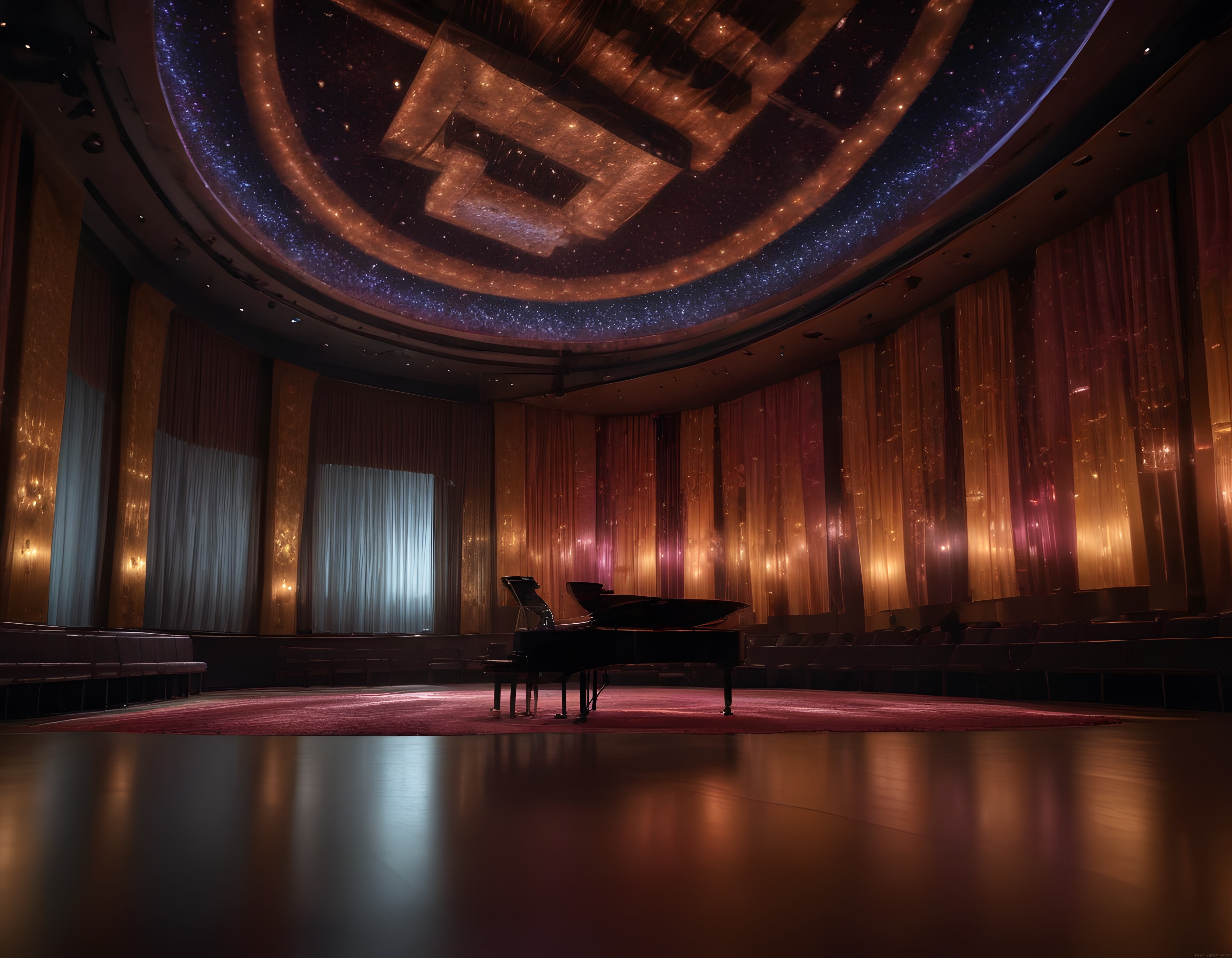 Yıldızlı tavanlı lüks konser salonunda grand piyano ve büyüleyici atmosfer
