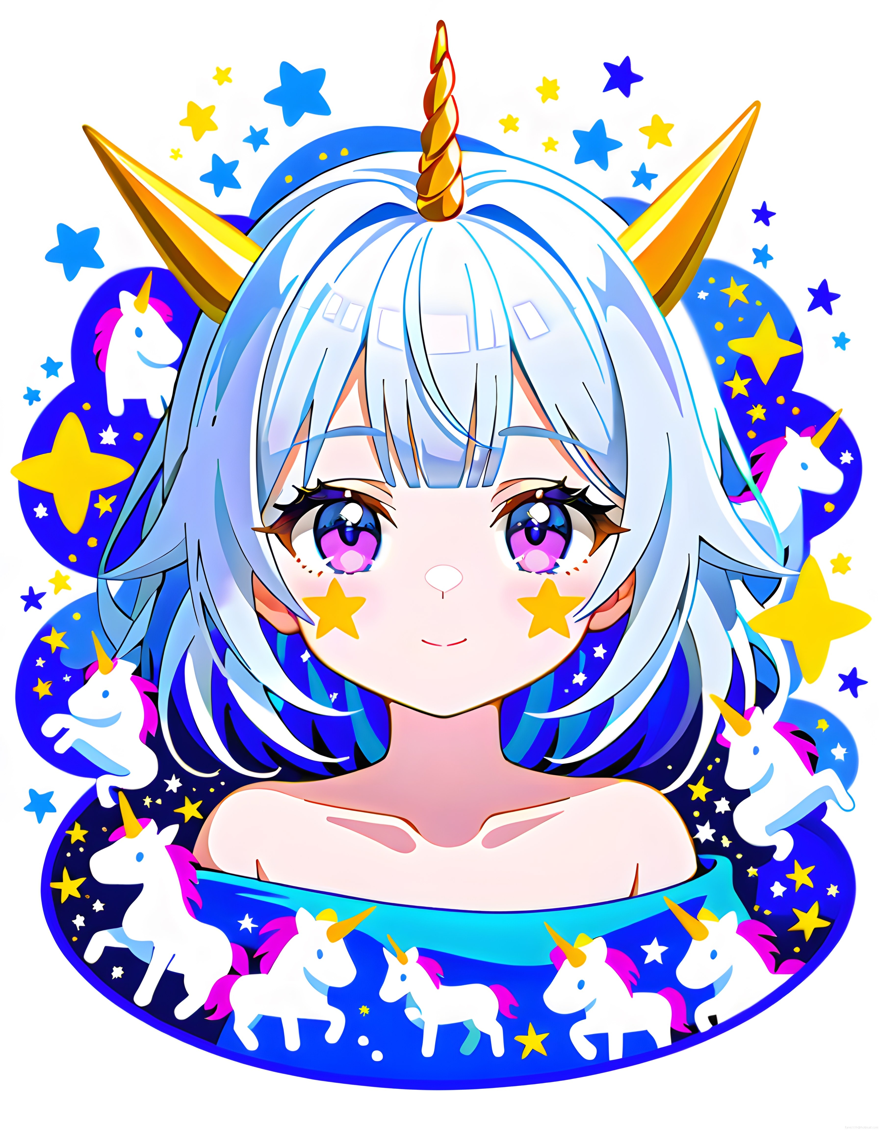 Yıldızlı Yanaklı Anime Kız ve Unicorn Boynuzlarıyla Büyülü Dijital Portre