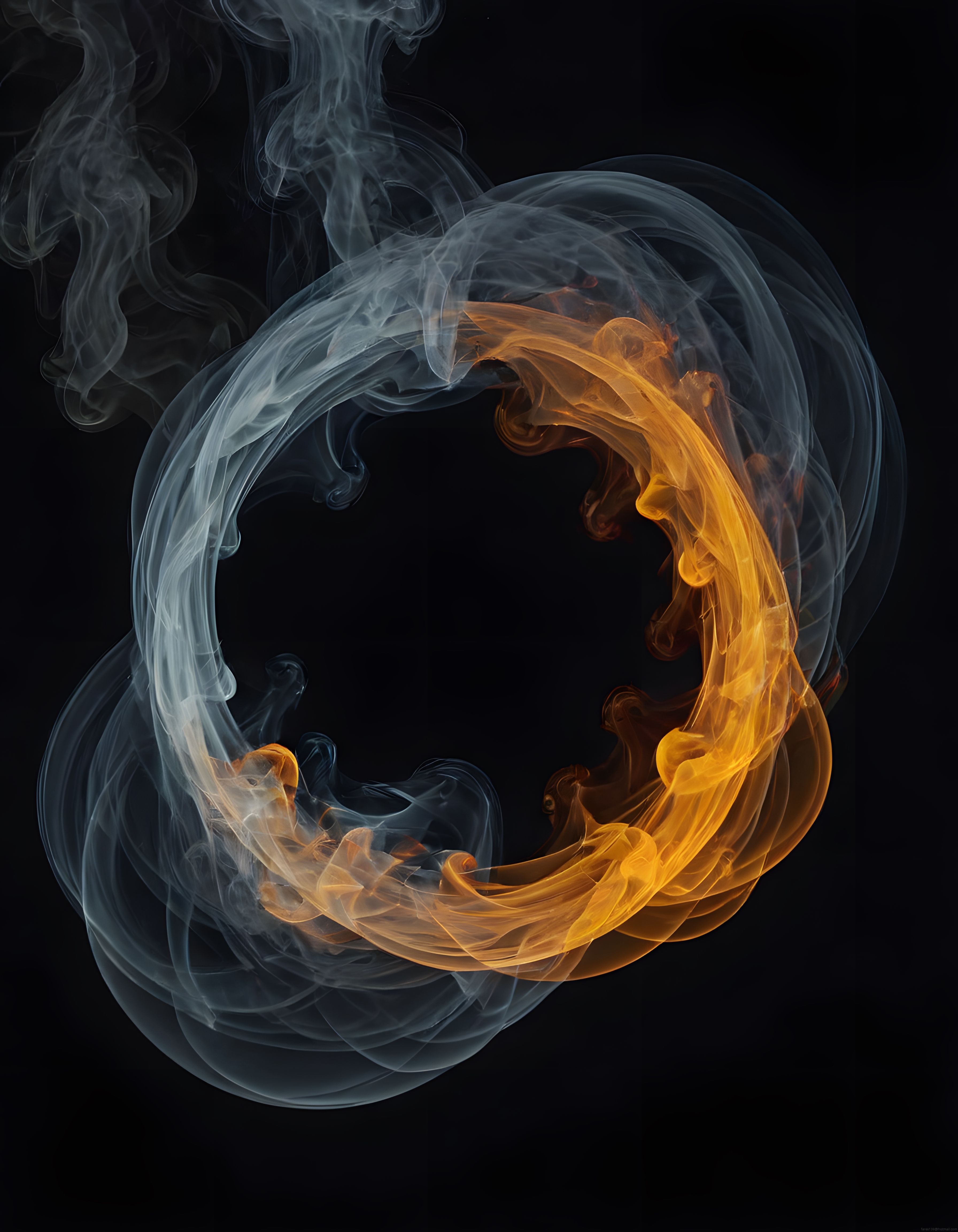 Yin-Yang Sembolünü Andıran Beyaz ve Turuncu Dumanın Siyah Zeminde Dansı