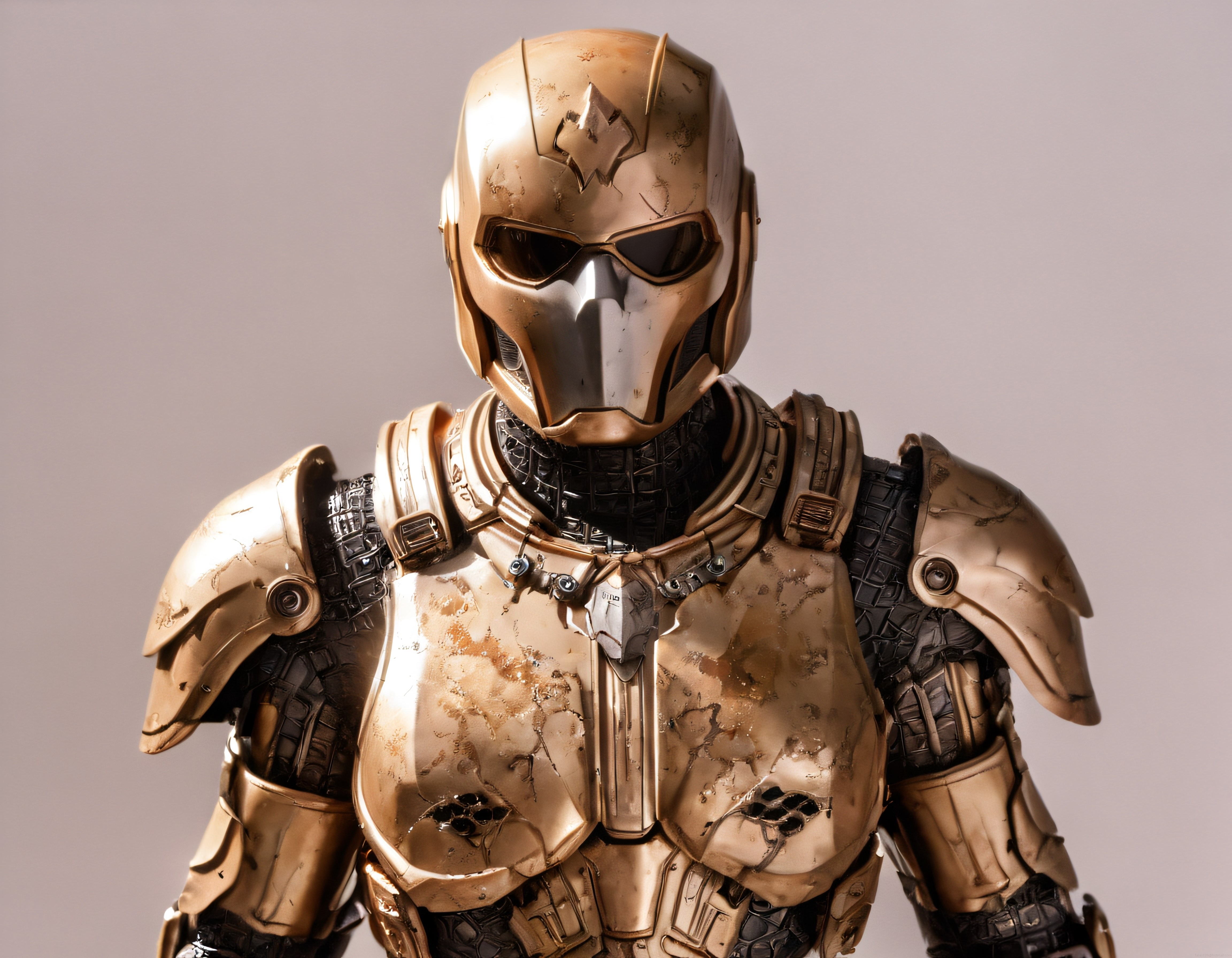 Yıpranmış Altın Mandalorian Zırhı ve Fütüristik Savaşçı Karakteri 3D Görsel