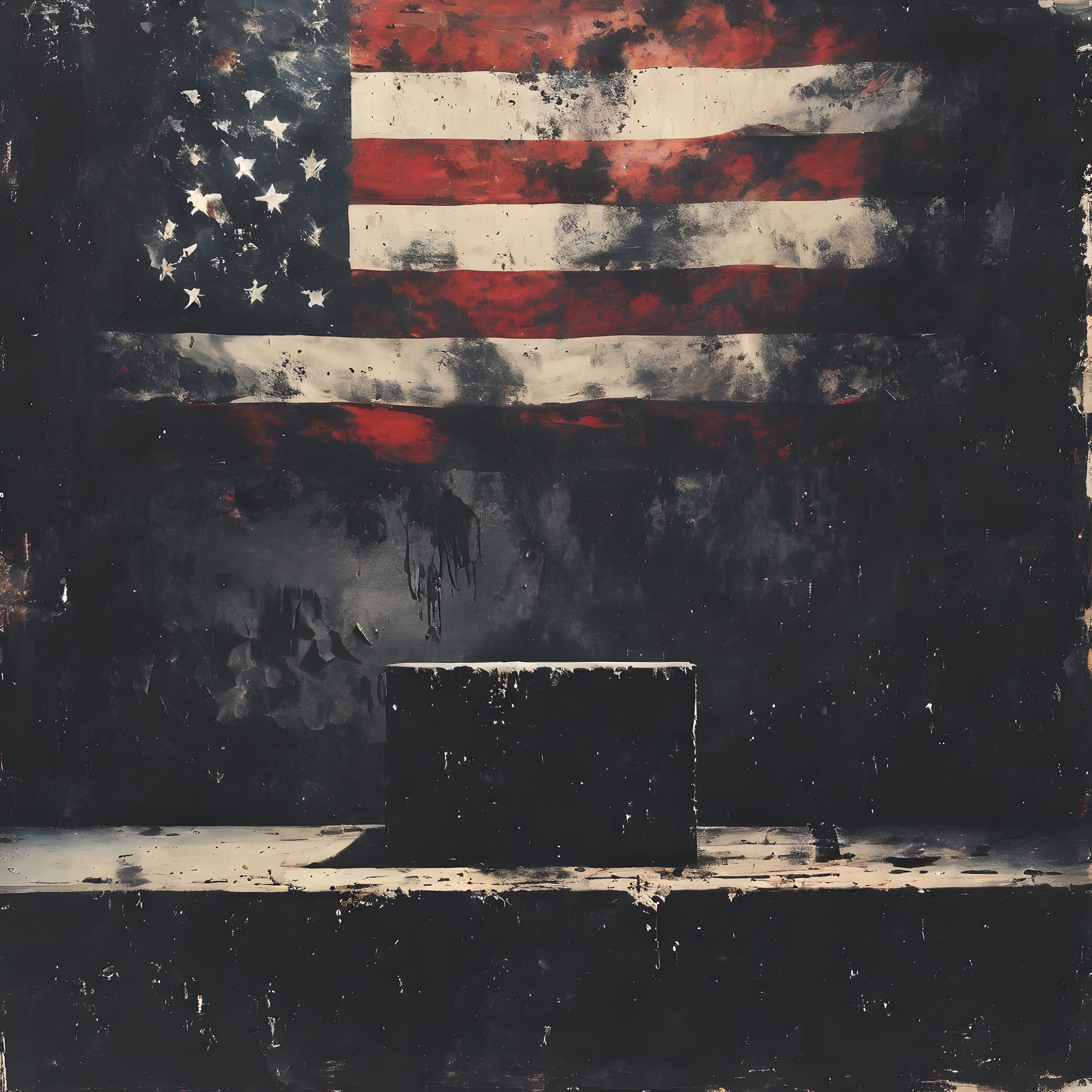 Yıpranmış Amerikan Bayrağı ve Siyah Platform: Distopik Grunge Sanat Çalışması