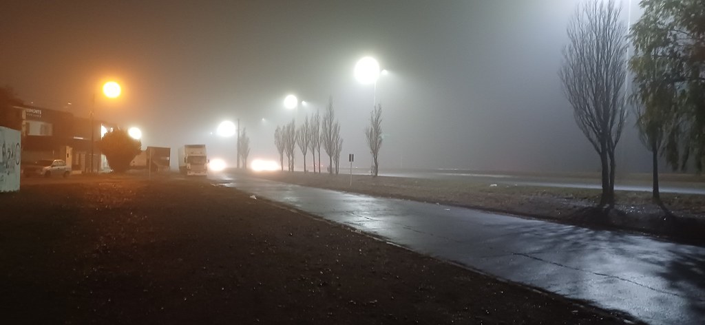 Yoğun Siste Islak Asfalt ve Sokak Işıklarıyla Gizemli Gece Manzarası