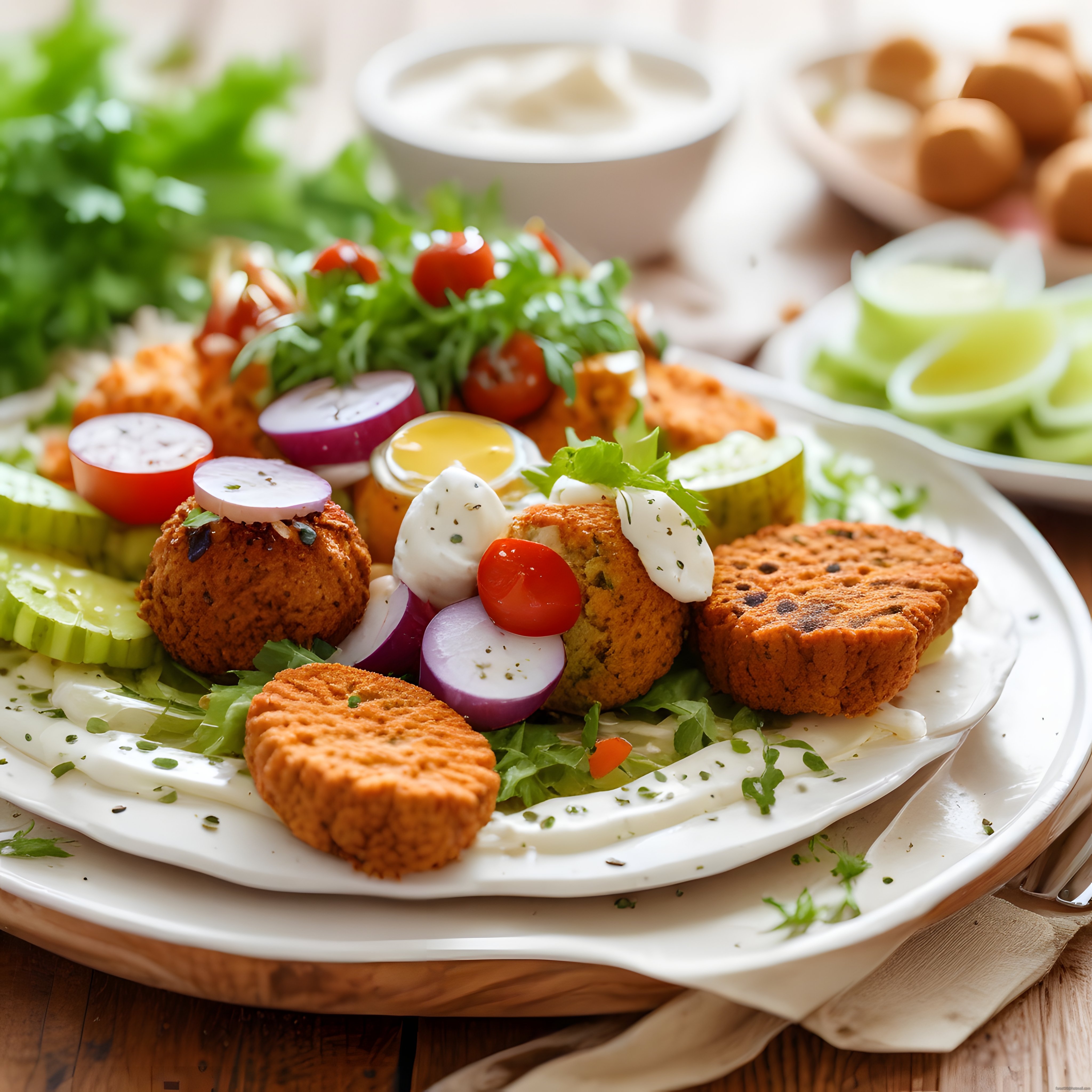 Yoğurt Soslu Falafel ve Taze Sebzelerle Hazırlanan Nefis Tabak Sunumu