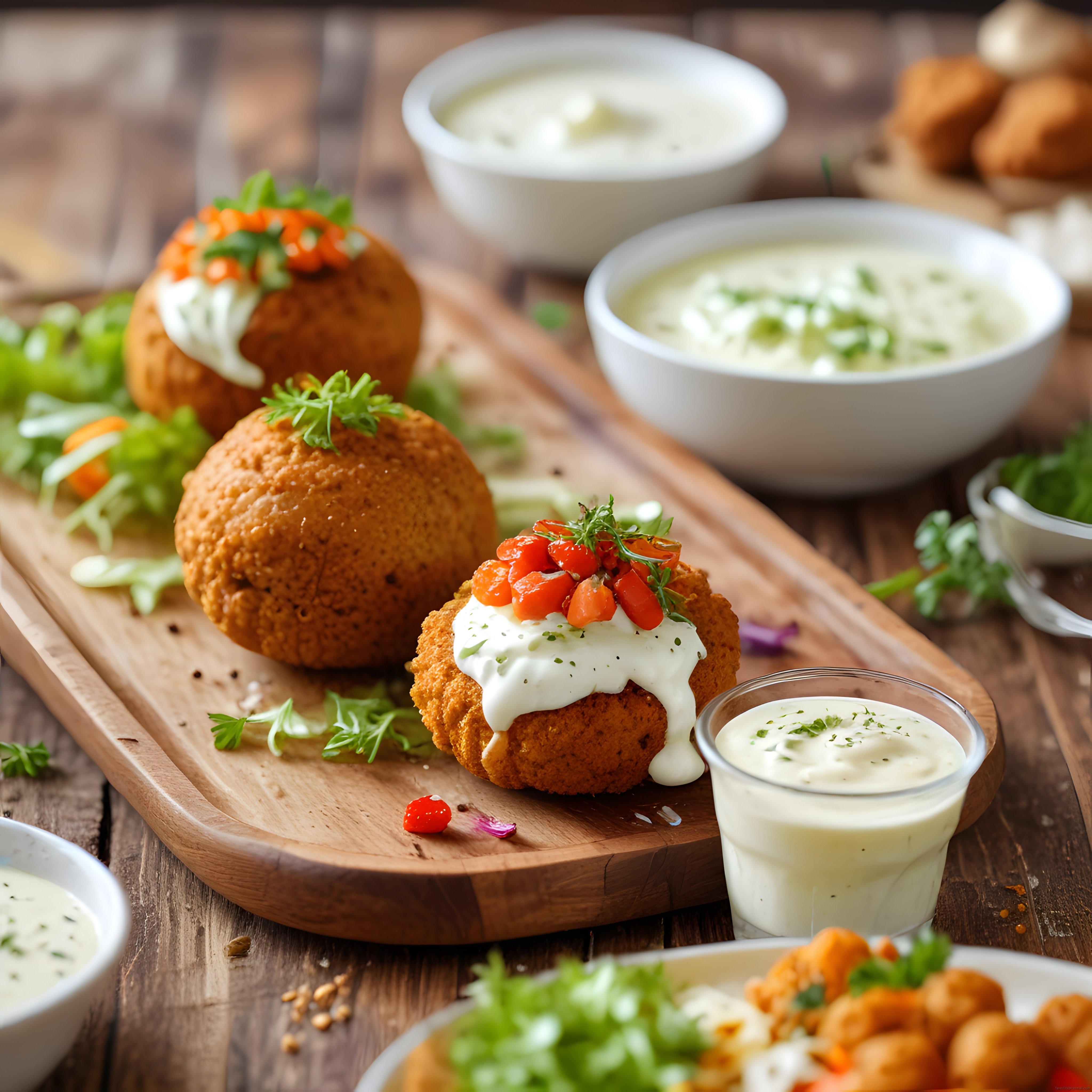 Yoğurt Soslu Kızarmış Kroket Tarifi: Rustik Ahşap Masa Sunumu