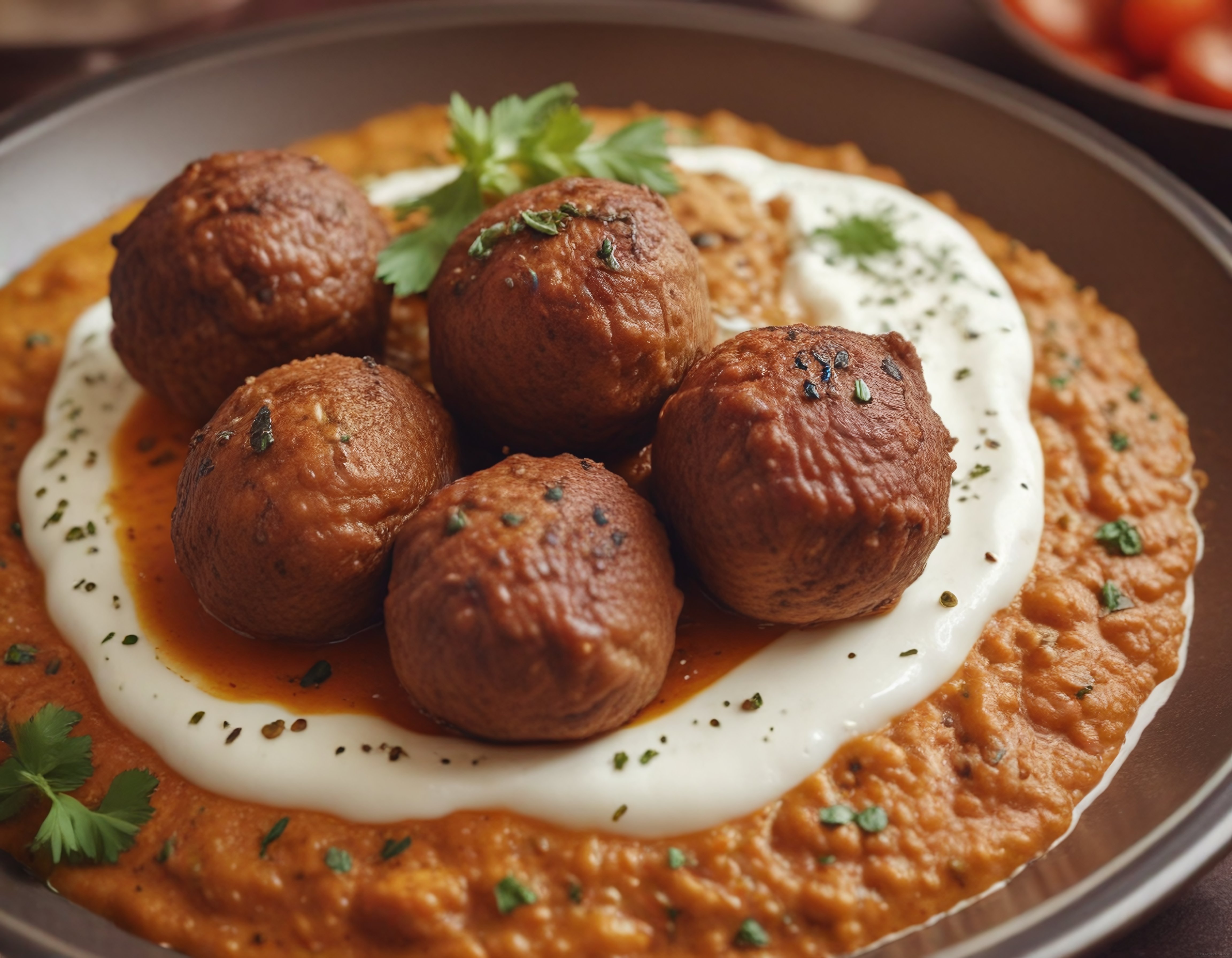 Yoğurt ve Baharatlı Domates Sosunda Izgara Köfte Sunumu — Ev Yapımı Lezzet