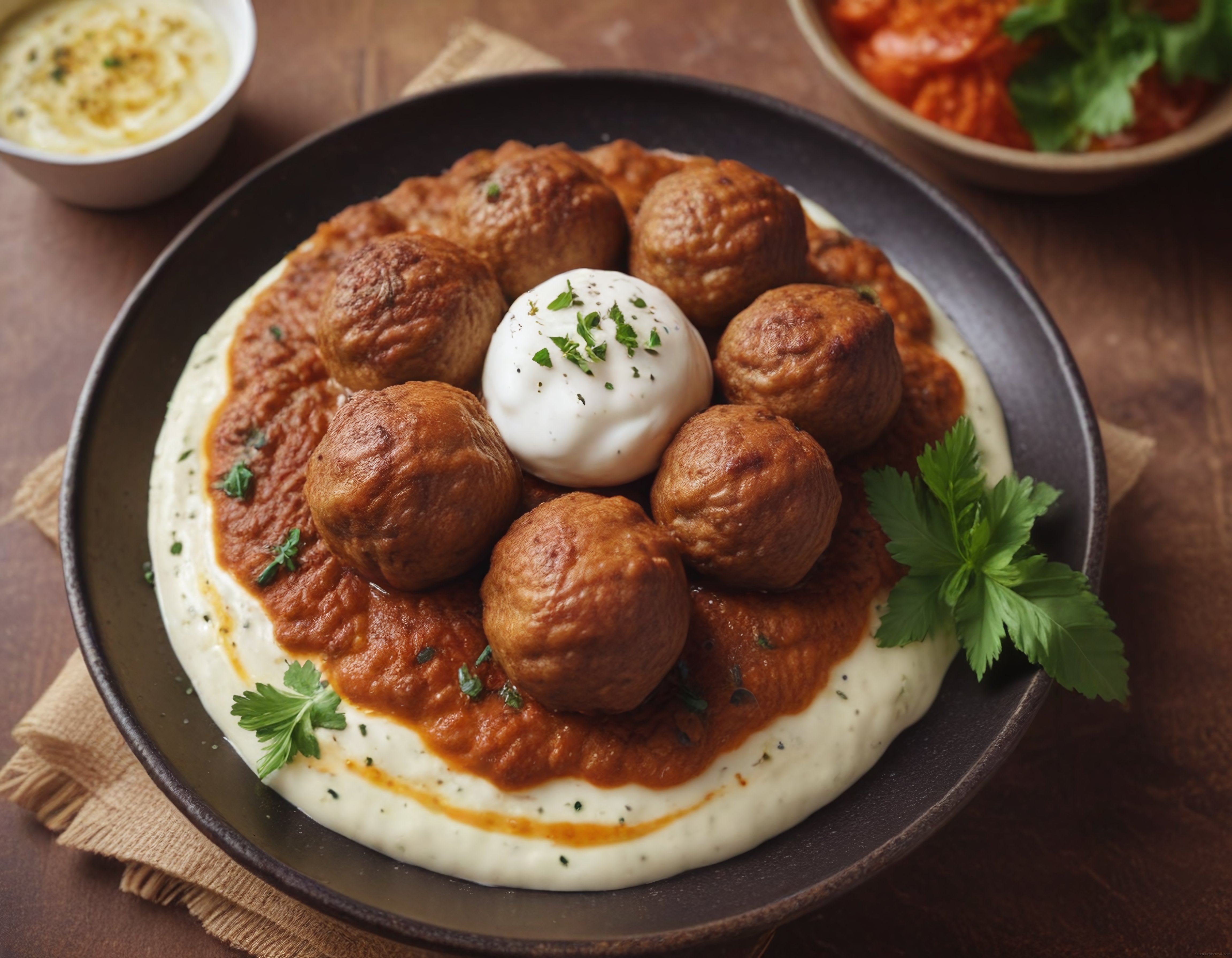 yoğurt ve domates soslu fırında köfte püre üzerine şık lezzetli sunum