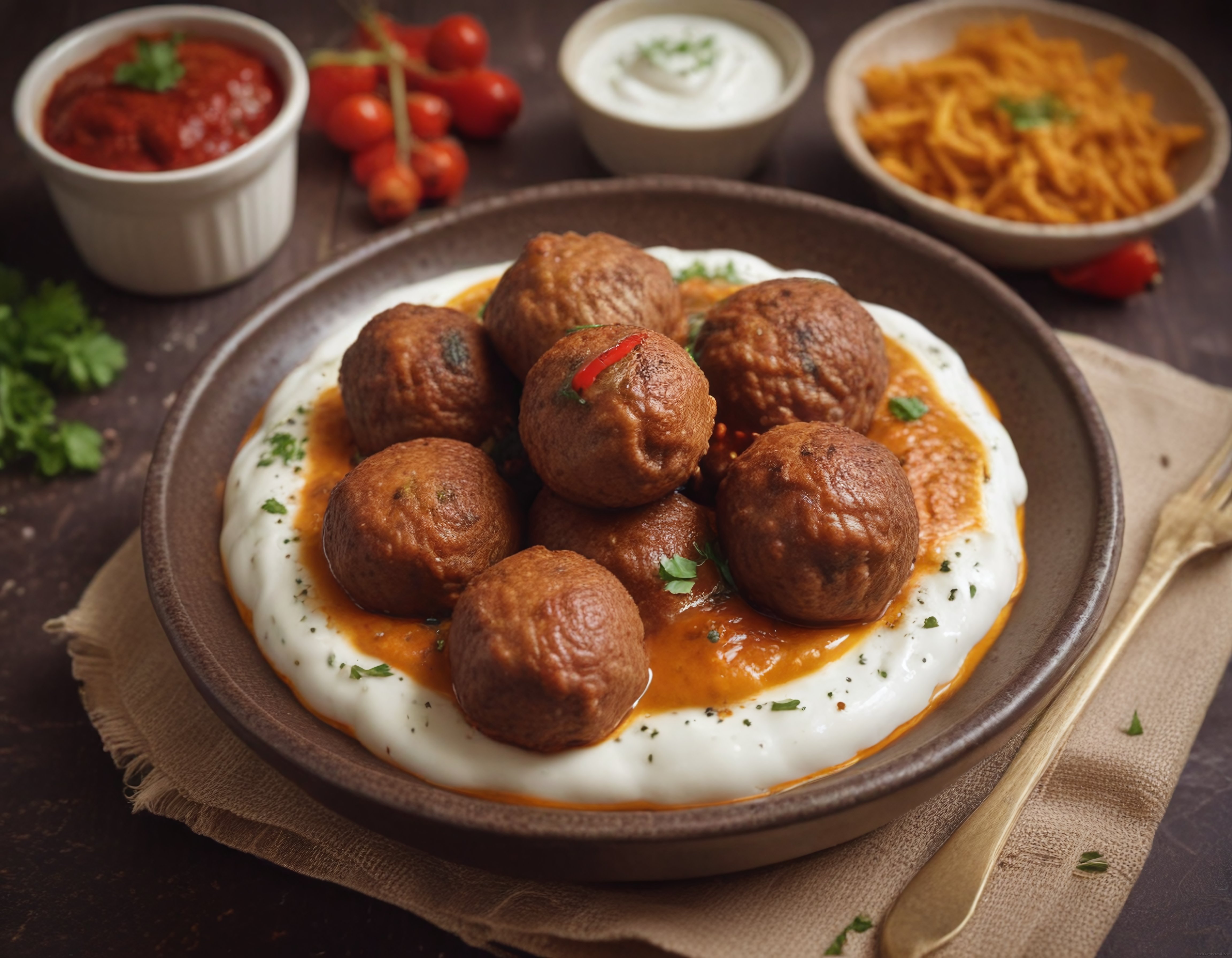 Yoğurt ve Domates Soslu Kızartılmış Köfte Tabağı: Lezzetli Yemek Fotoğrafı