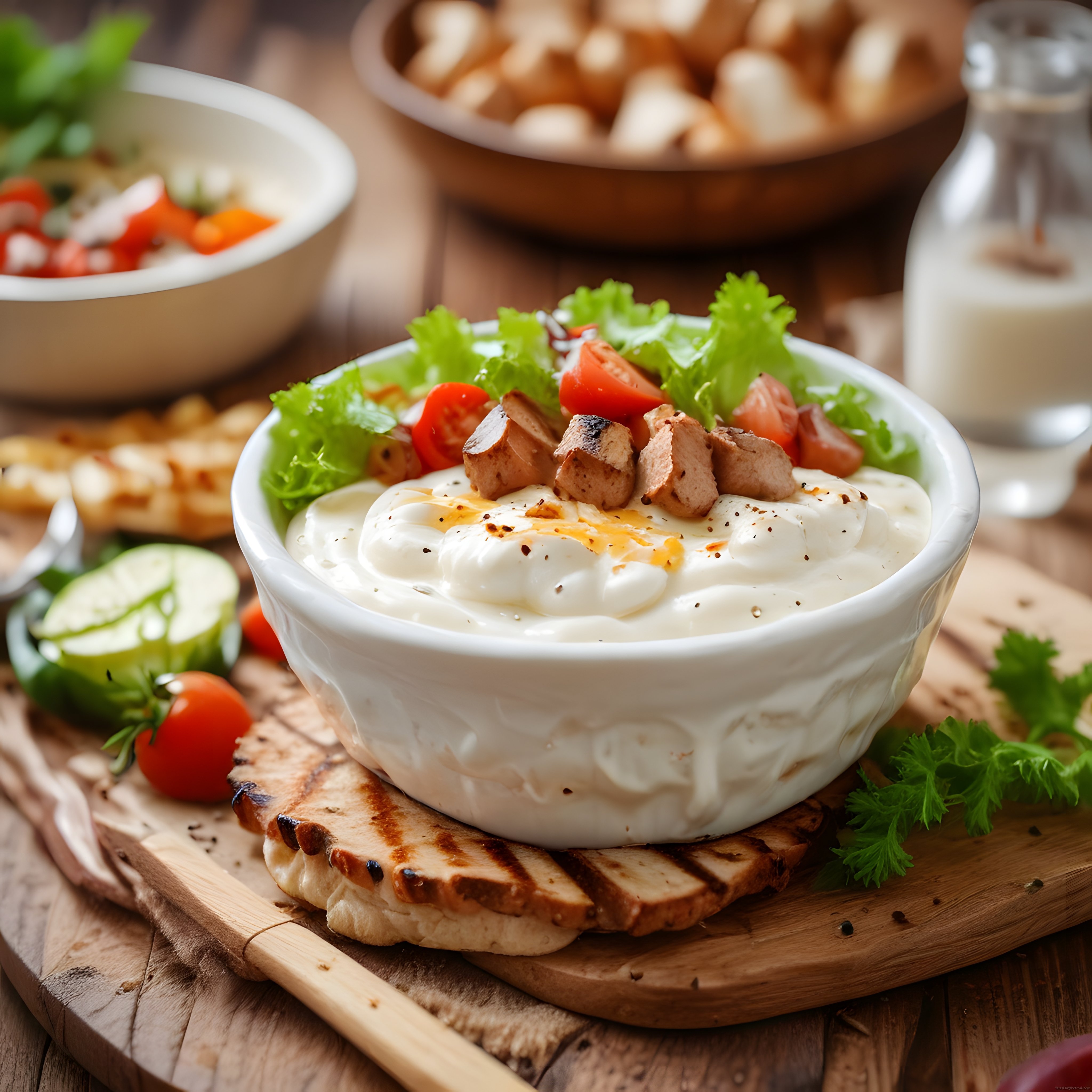 Yoğurtlu Izgara Tavuklu Meze ve Sebzelerle Zengin Rustik Masa Düzenlemesi