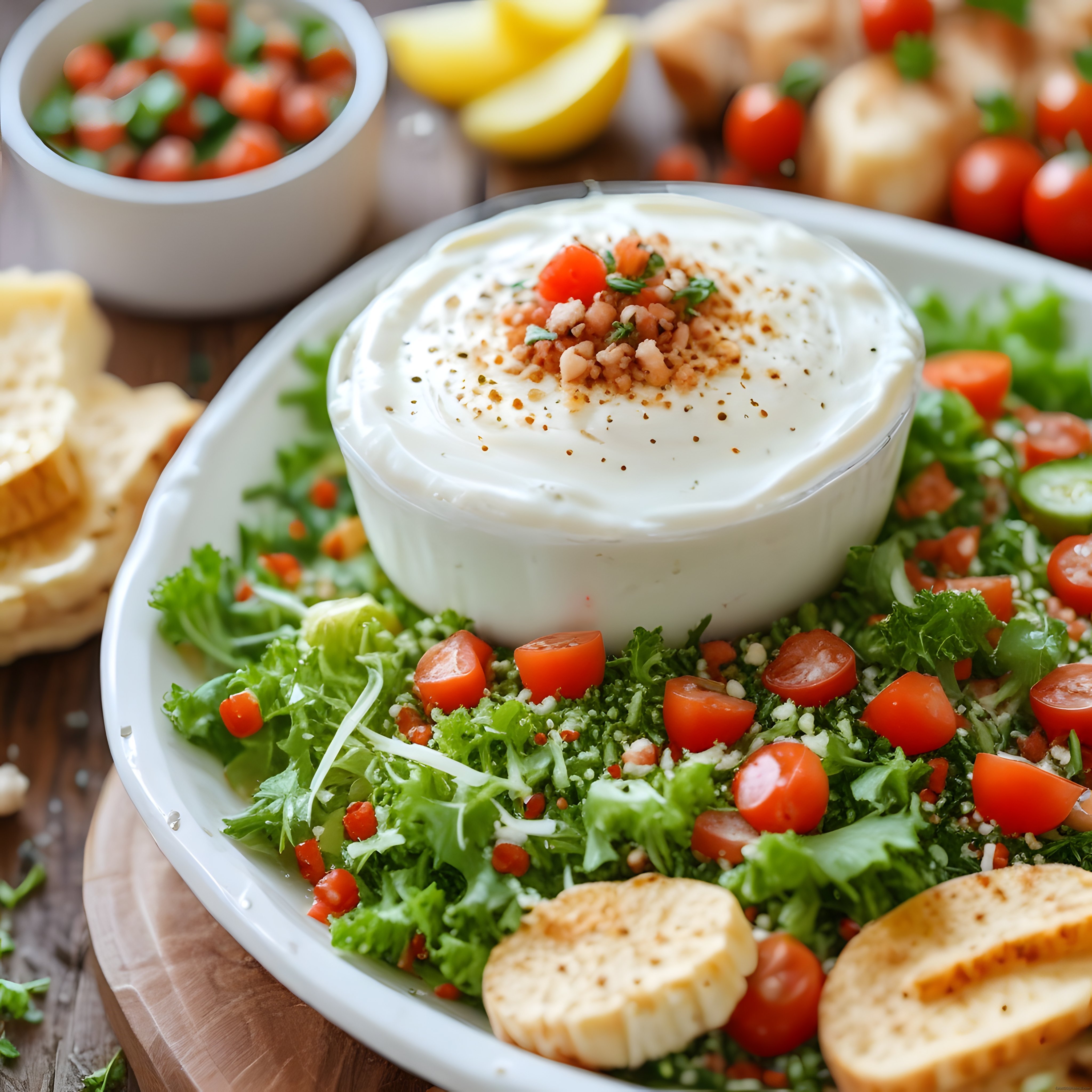 Yoğurtlu meze ve taze yeşilliklerle hazırlanmış sağlıklı sunum tabağı
