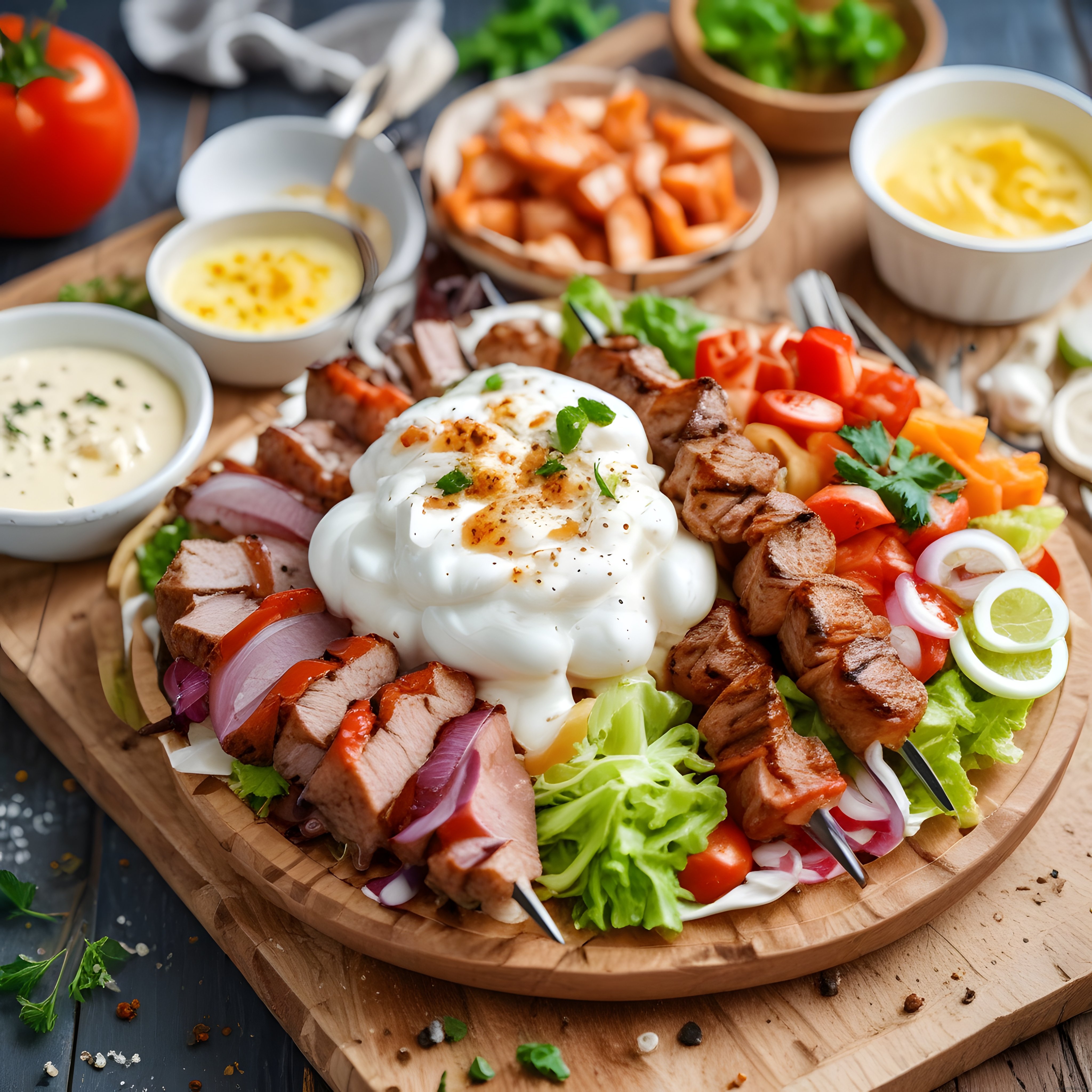 Yoğurtlu şiş kebap, közlenmiş sebzeler ve özel soslarla rustik ızgara sunumu