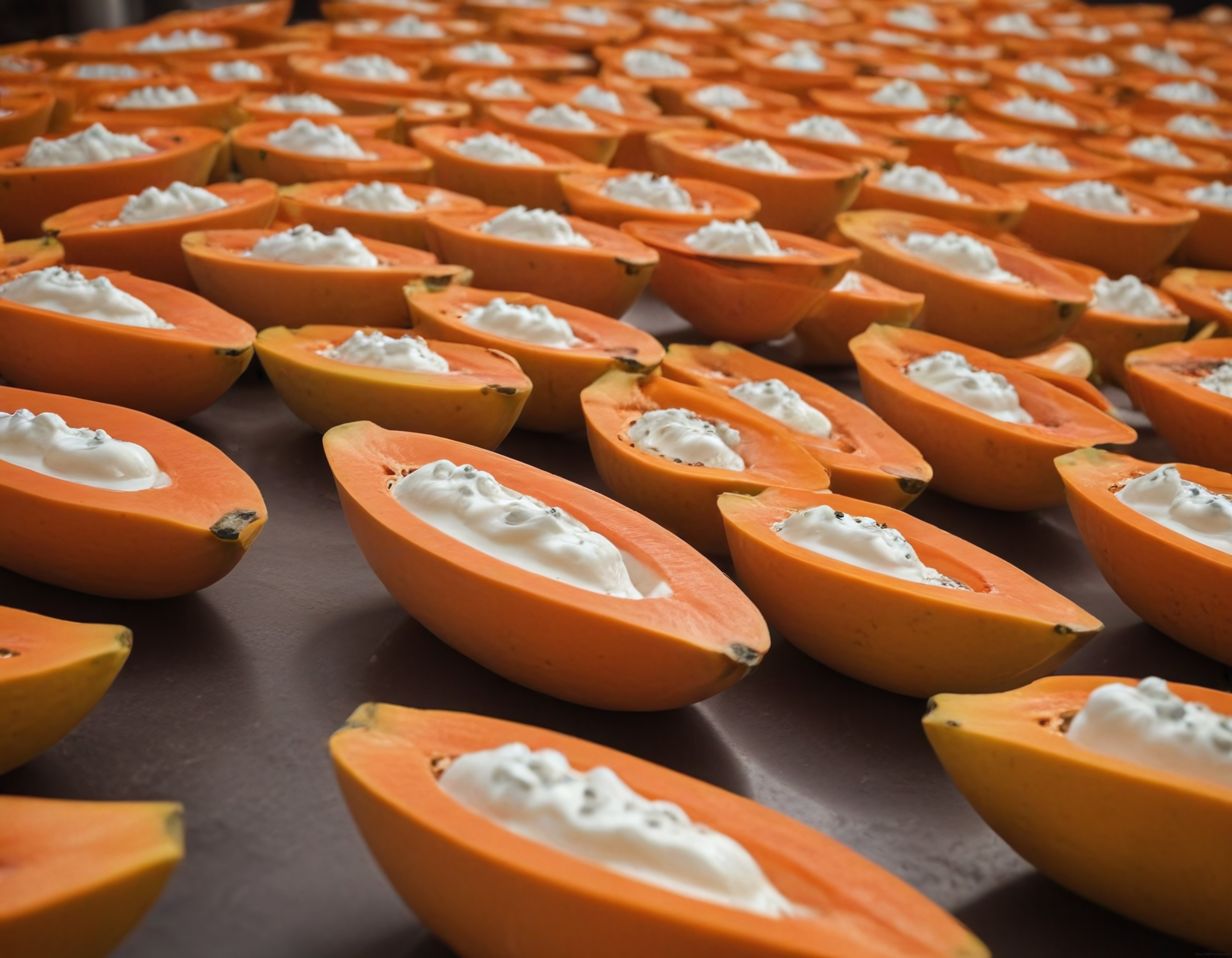 Yoğurtlu ve Tohumlu Papaya Yarımlarından Oluşan Egzotik Büfe Sunumu