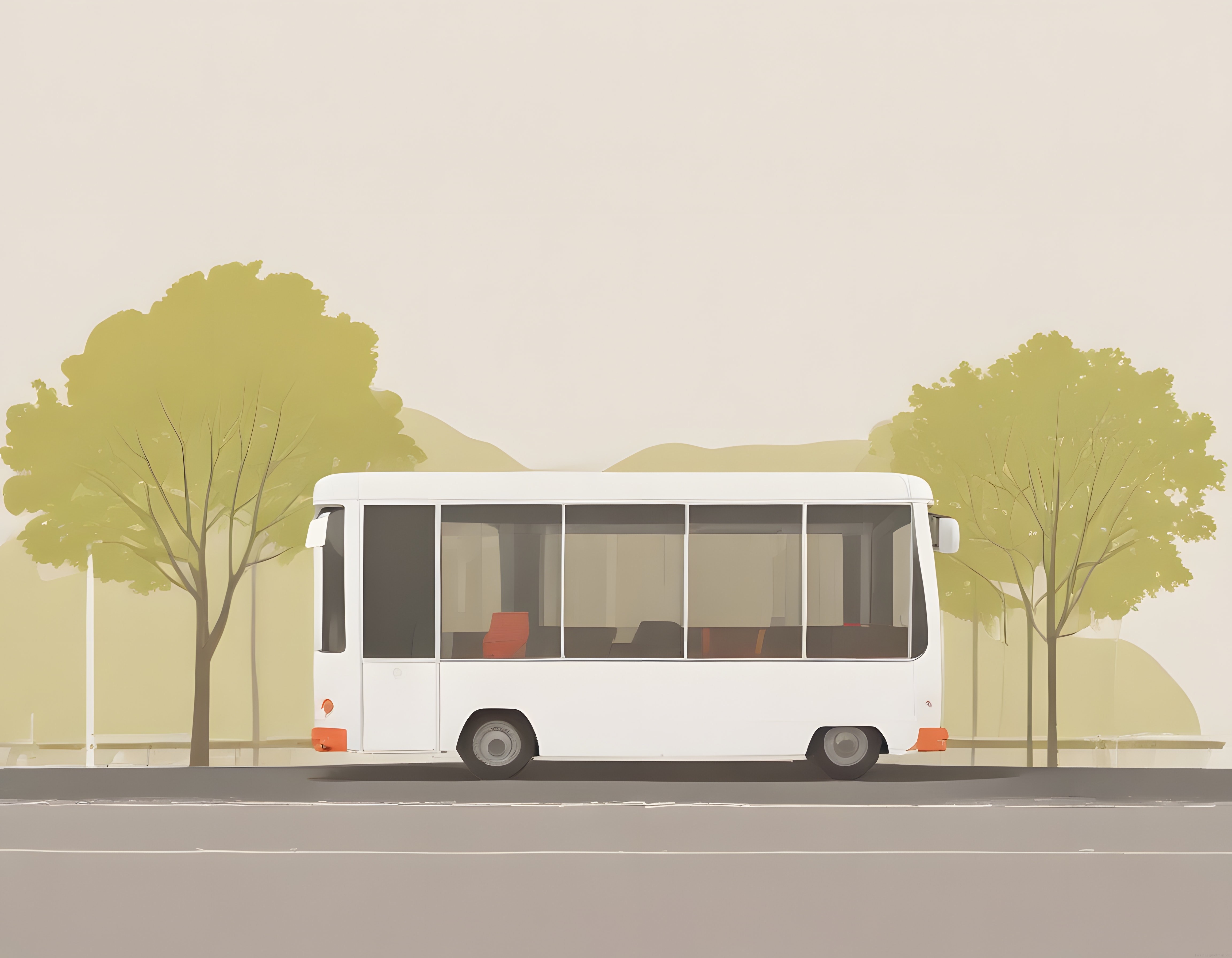 Yol Kenarında Duran Beyaz Otobüs: Minimal Pastel Tonlarda Dijital İllüstrasyon