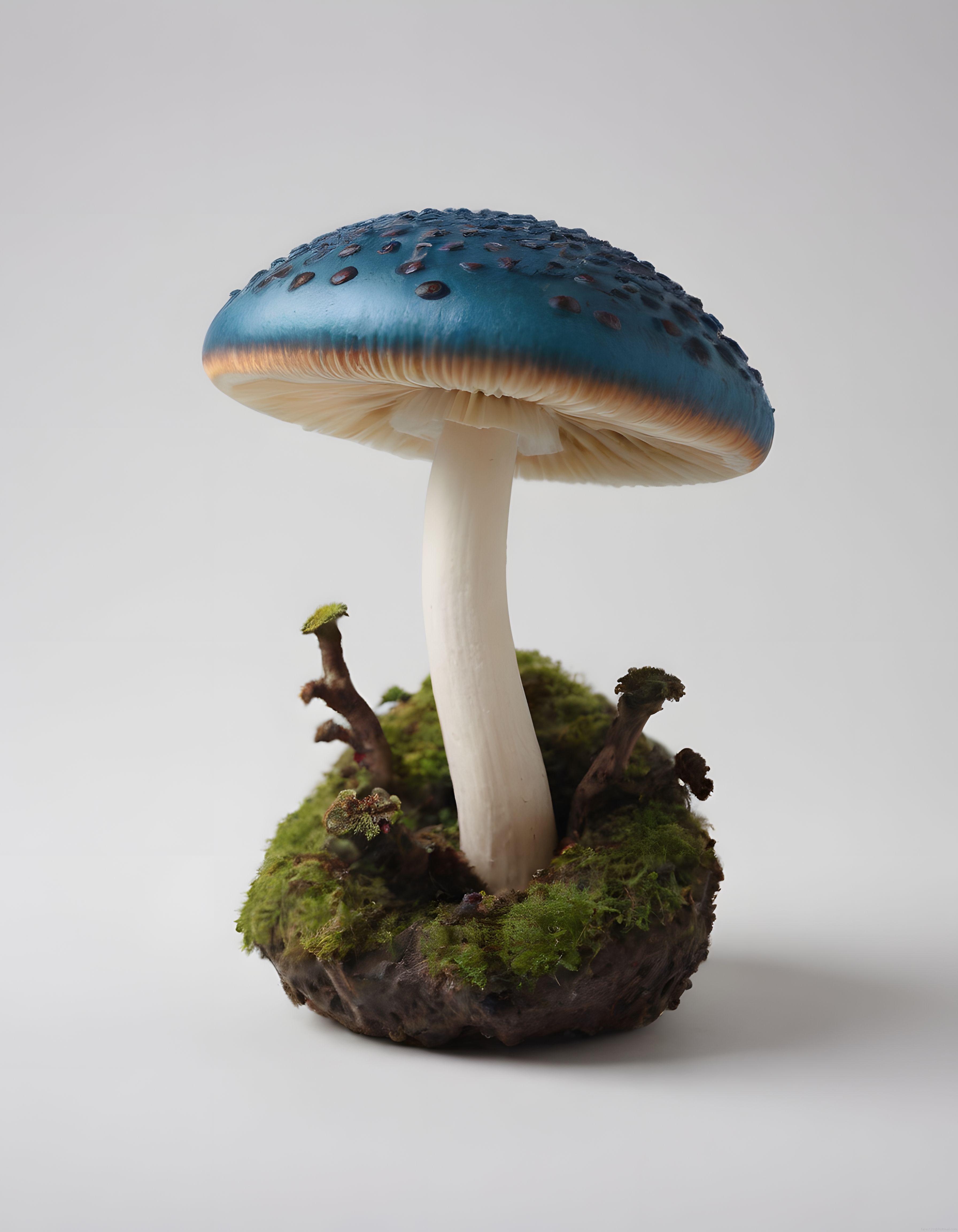 Yosunlu bir taşın üzerinde yükselen mavi şapkalı beyaz gövdeli mantar