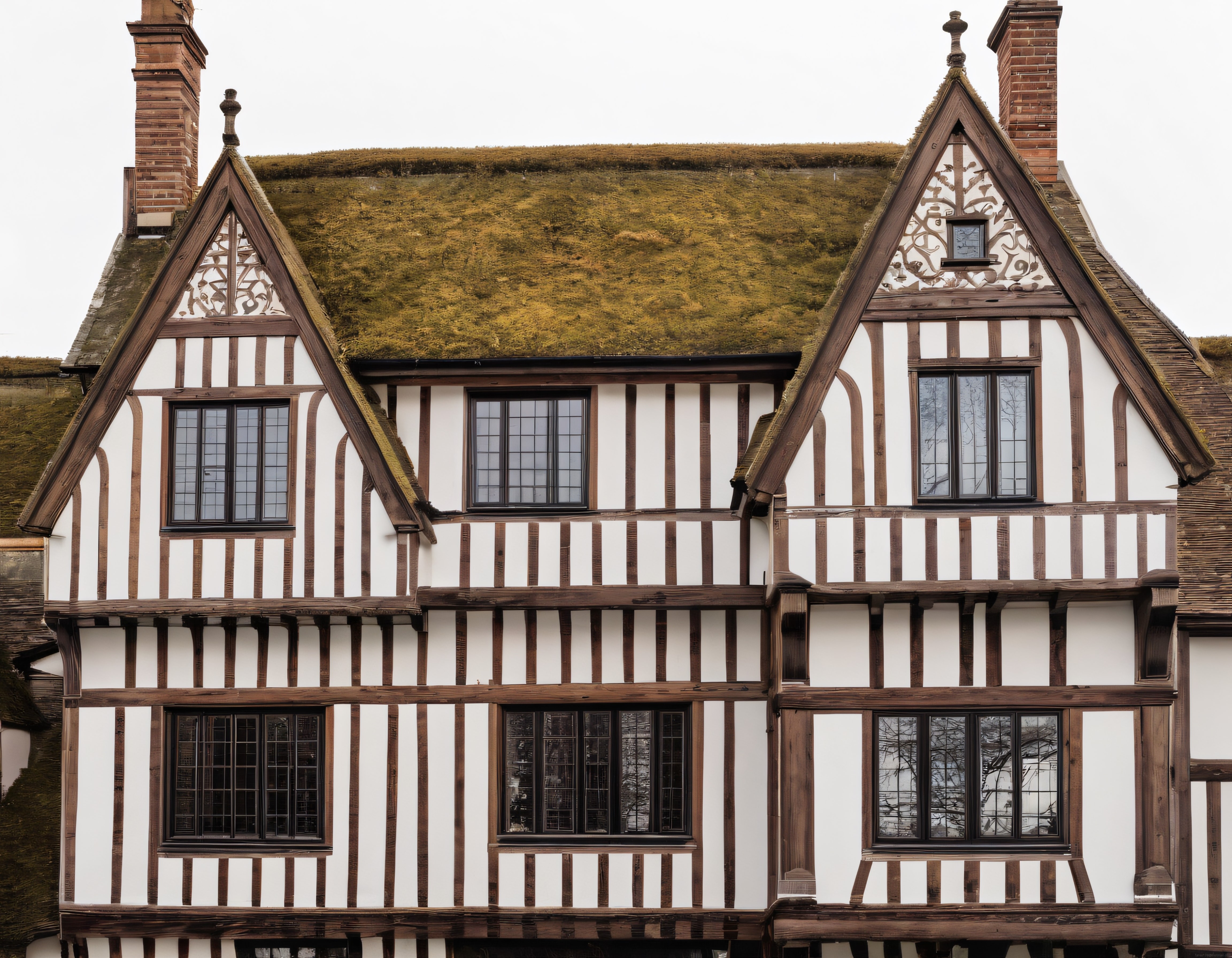 Yosunlu Çatılı ve Kurşun Camlı Pencereleriyle Geleneksel İngiliz Tudor Evi