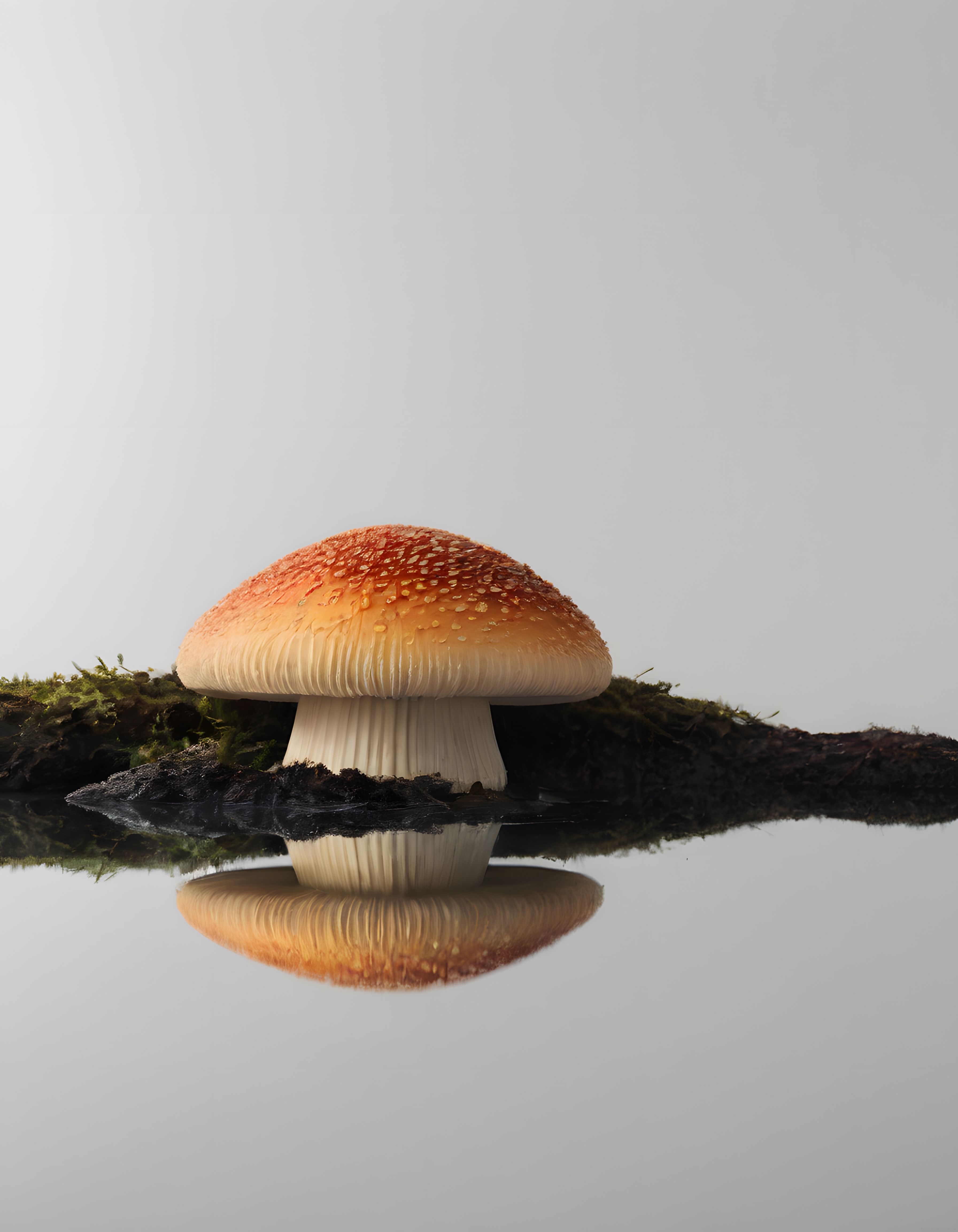 Yosunlu Dal Üzerinde Yansımalı Suda Parıldayan Kırmızı Mantar Makro Görüntüsü