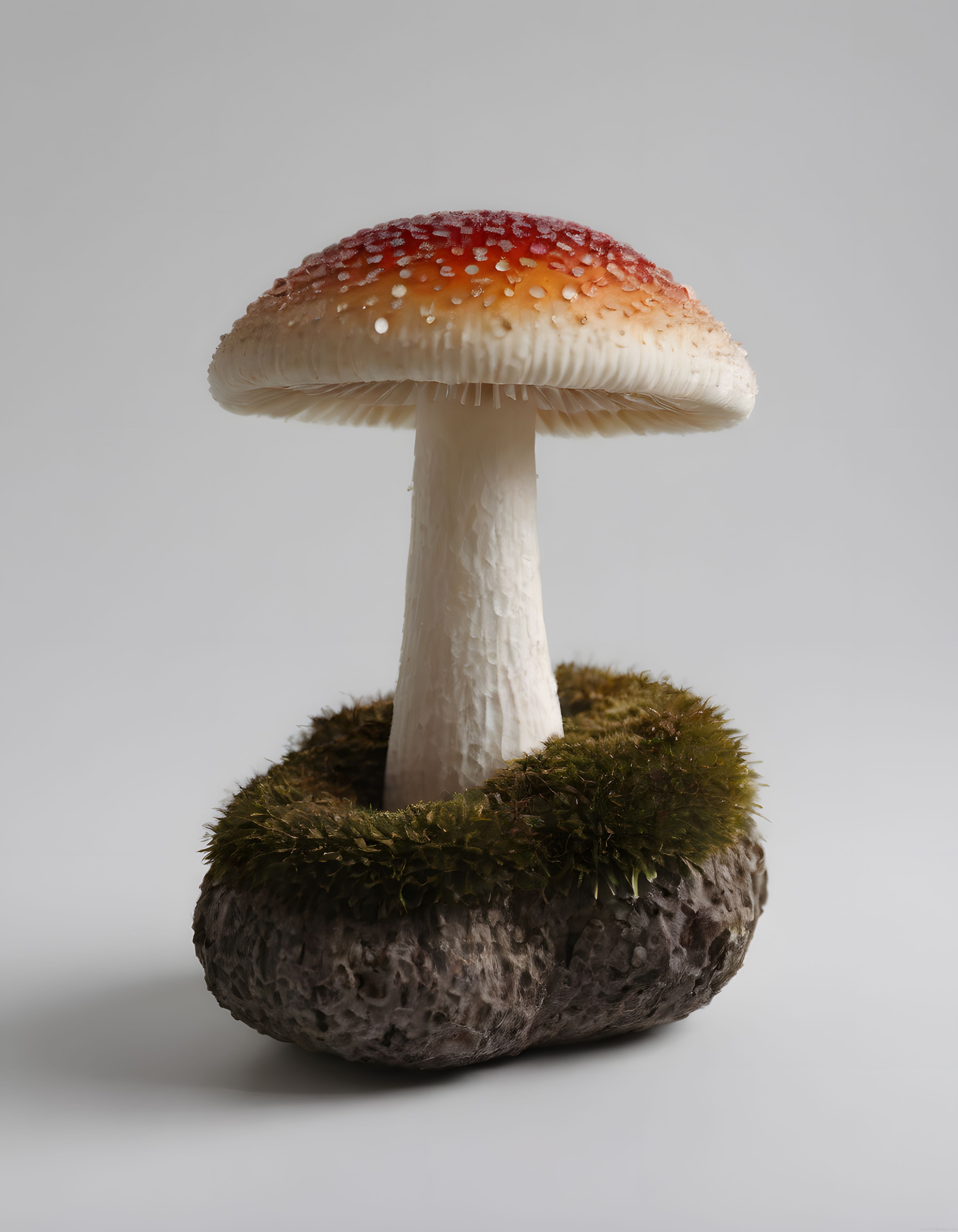Yosunlu kaya üzerinde kırmızı kapaklı sinek mantarı stüdyo makro çekimi