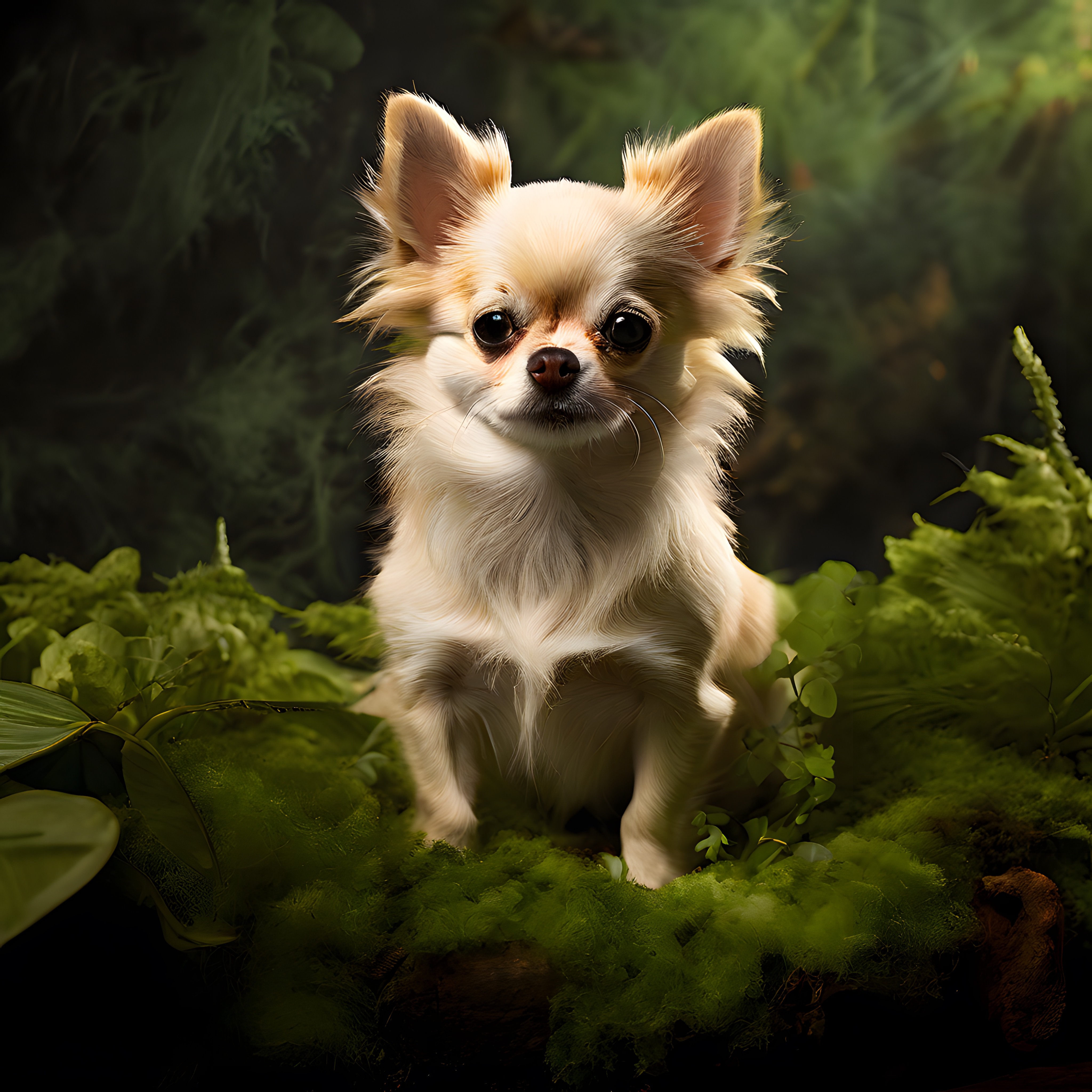 Yosunlu Ormanın İçinde Oturan Tüylü Chihuahua Köpek Portresi