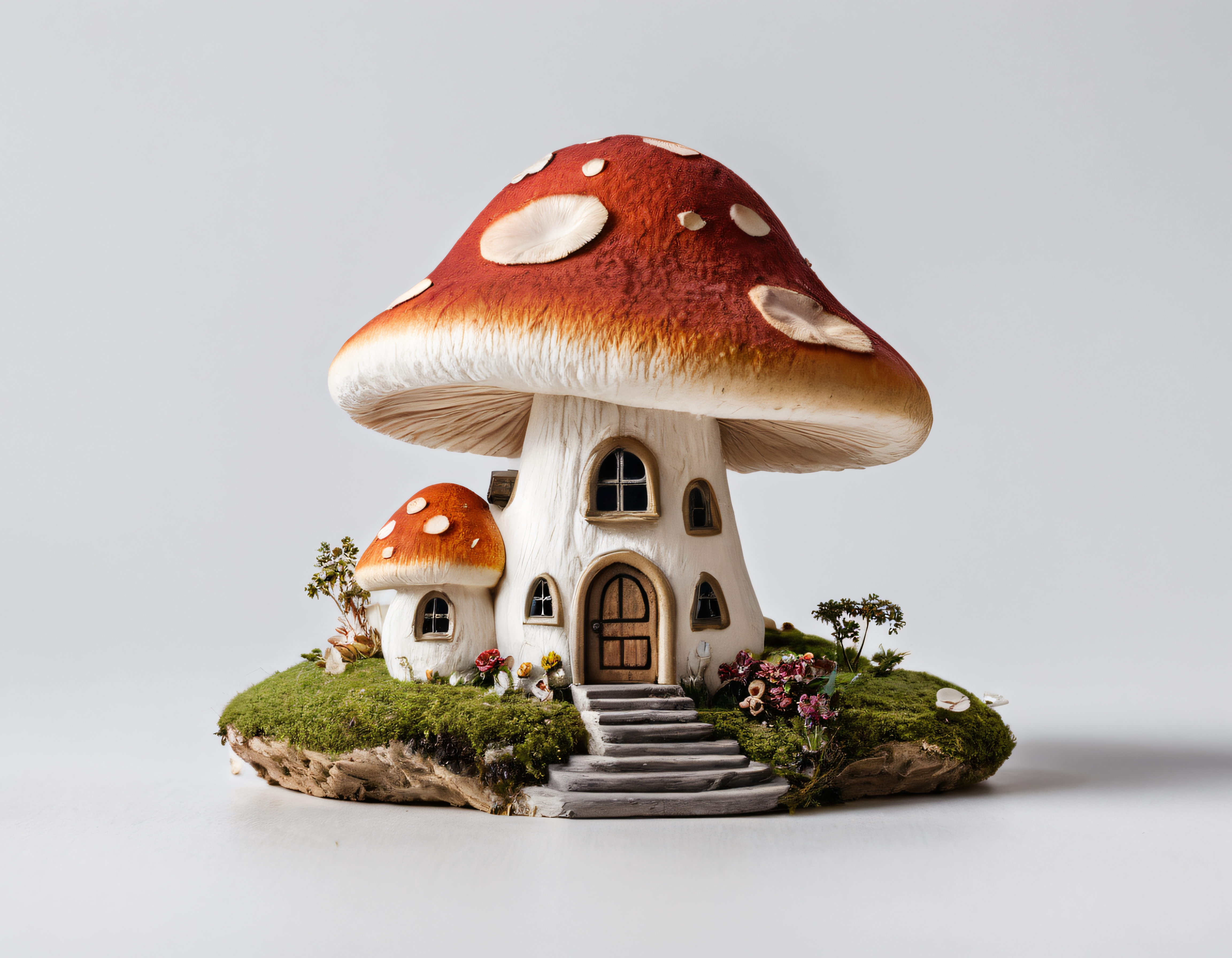 Yosunlu ve Çiçekli Mantar Minyatür Evi Dekoratif El Sanatı Modeli