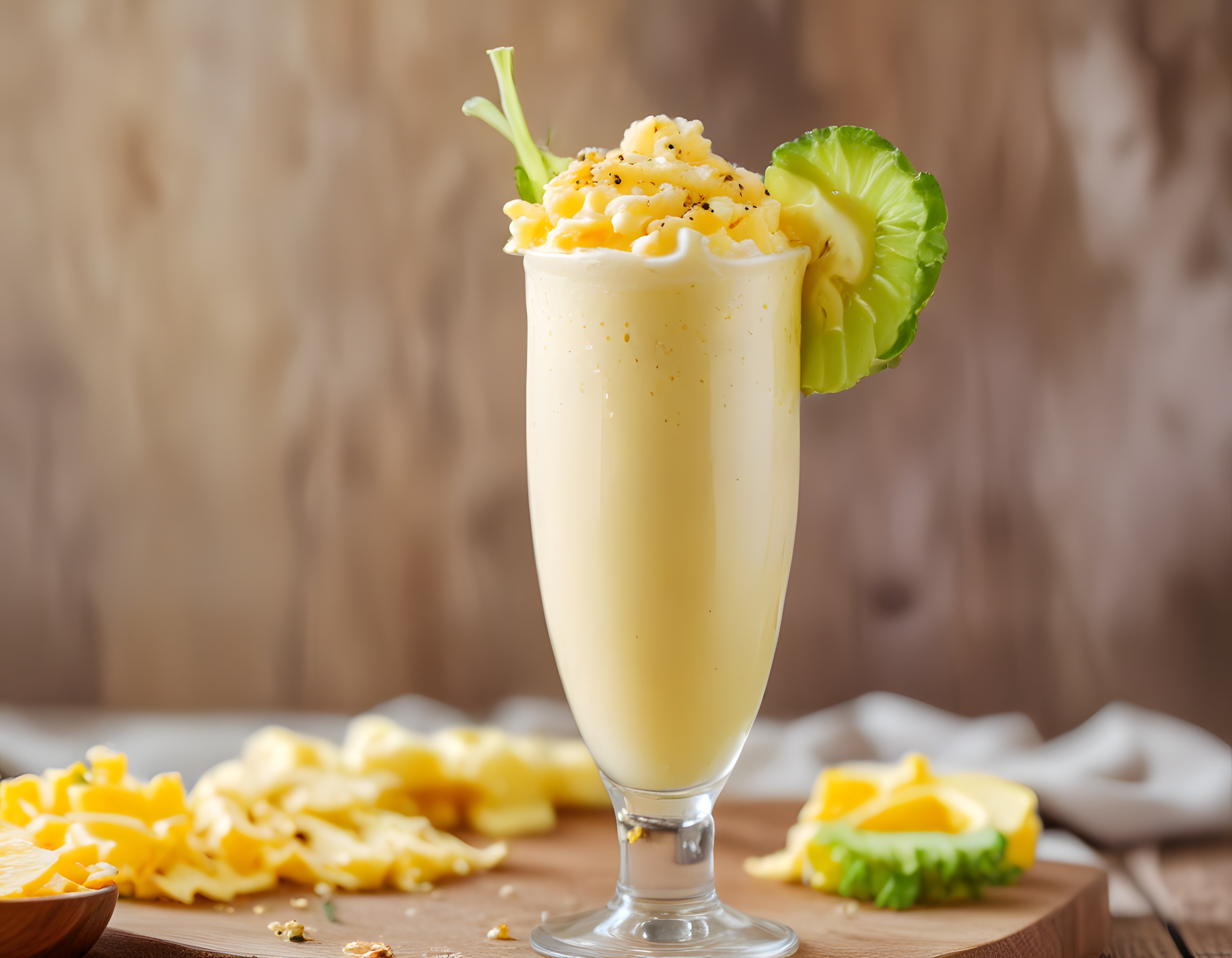 Yüksek Bardağ içinde Kremalı Tropikal Ananaslı Smoothie Sunumu