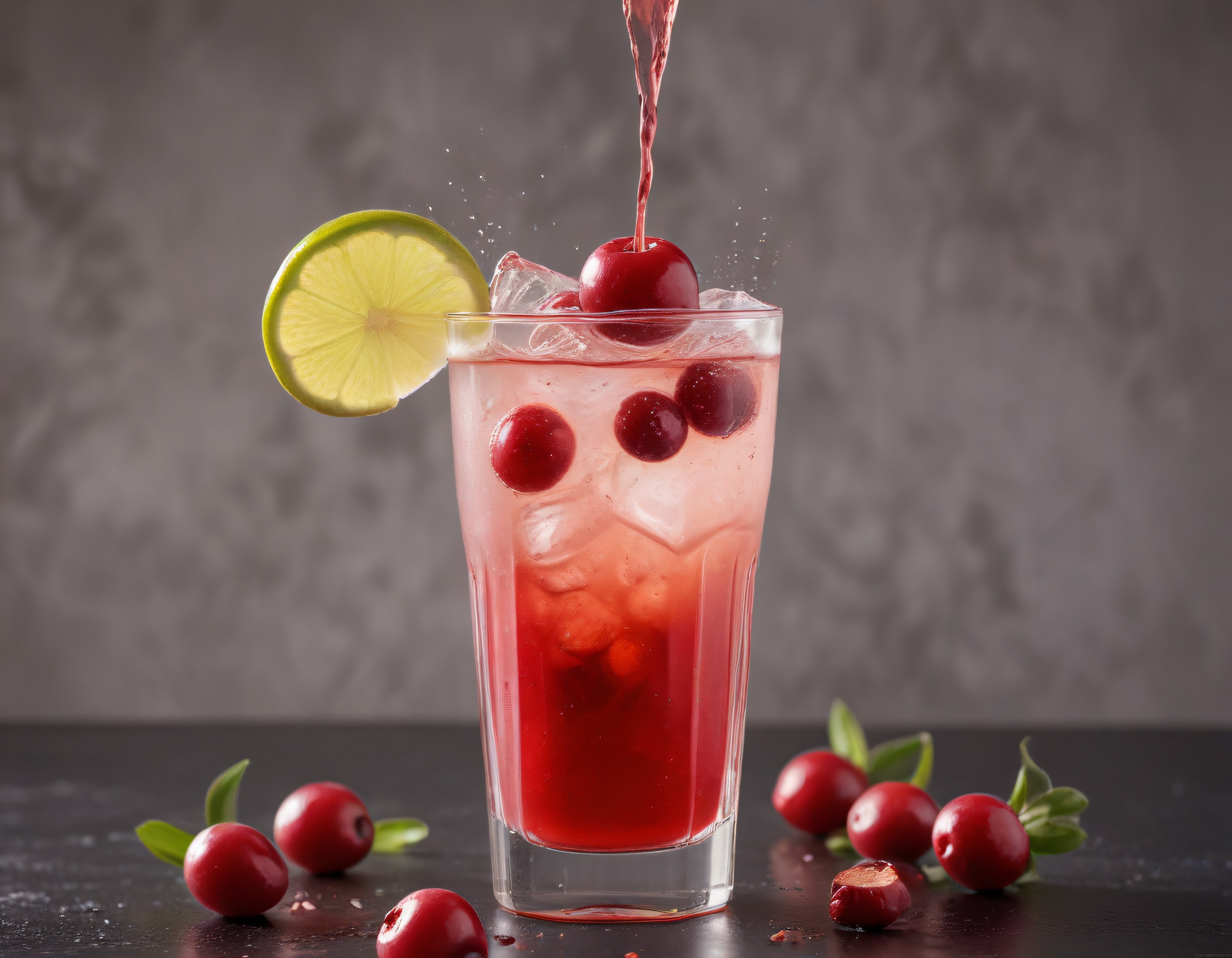 Yüksek Bardakta Buzlu Kirazlı Limonlu Serinletici Yaz Kokteyli