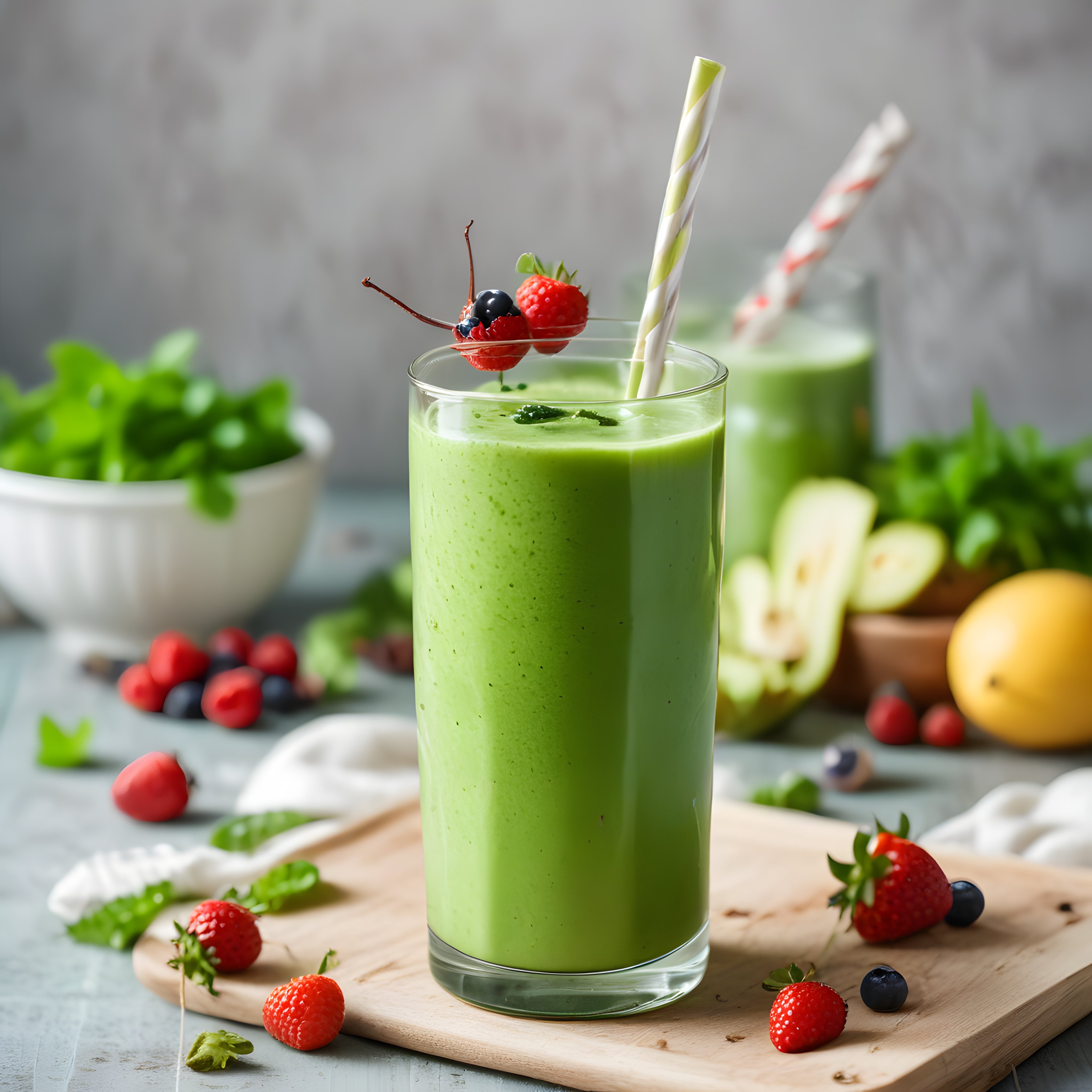 Yüksek Bardakta Ispanaklı Yeşil Smoothie ve Taze Orman Meyveleri Sunumu