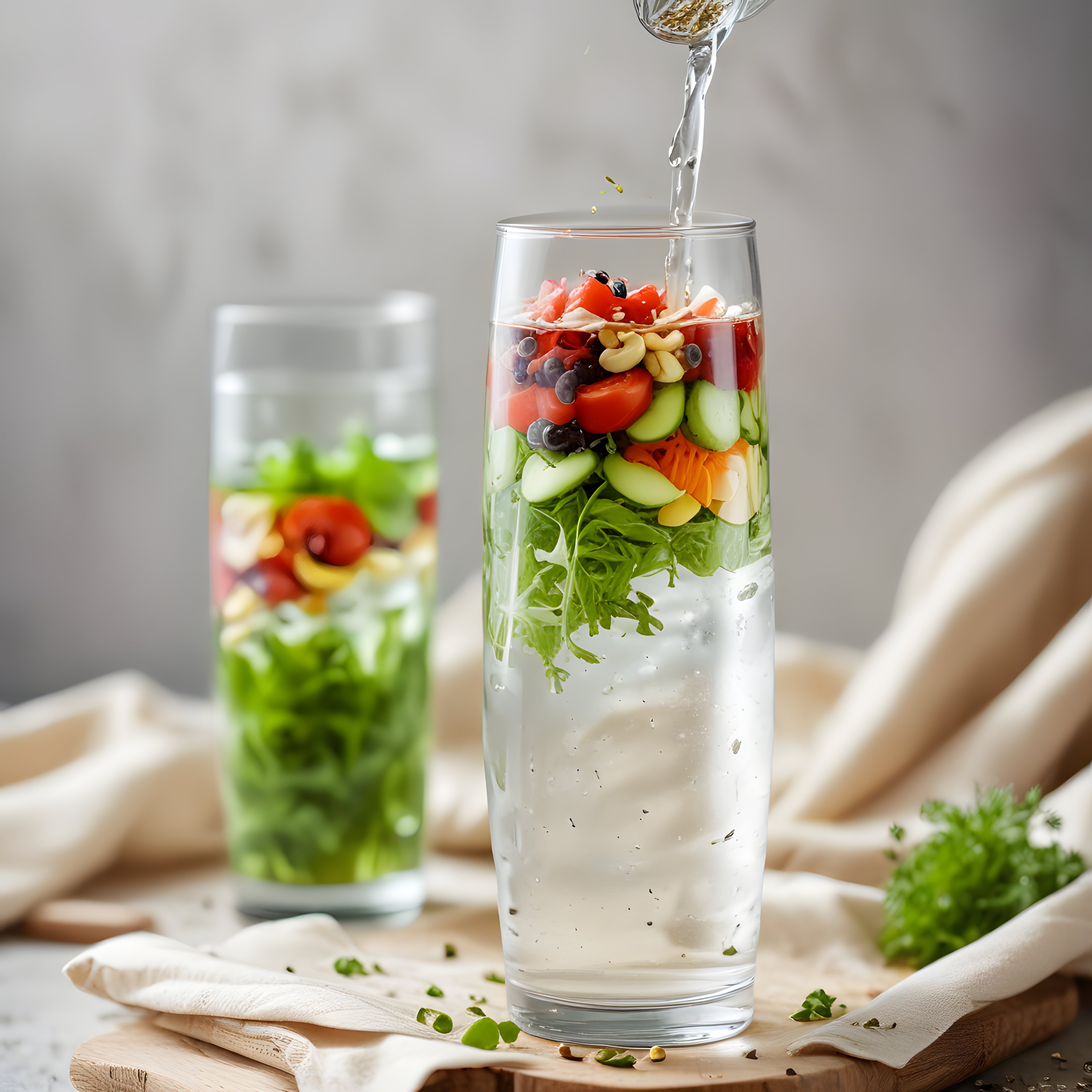 Yüksek Cam Bardakta Katmanlı Salata Üzerine Ev Yapımı Sos Dökülüyor
