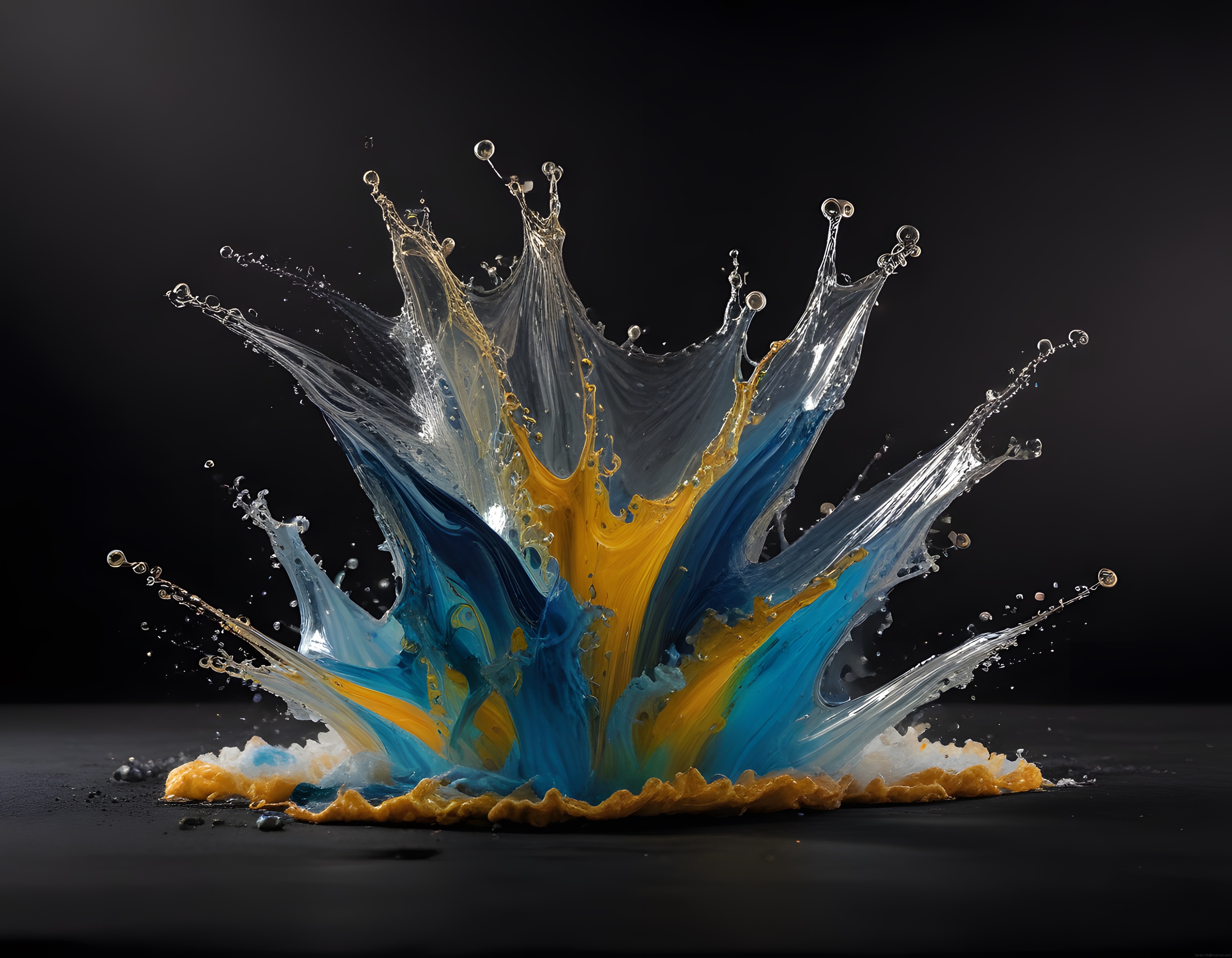 Yüksek Hızda Mavi ve Altın Tonlarında Sıvı Splash: Makro Sanat Fotoğrafı