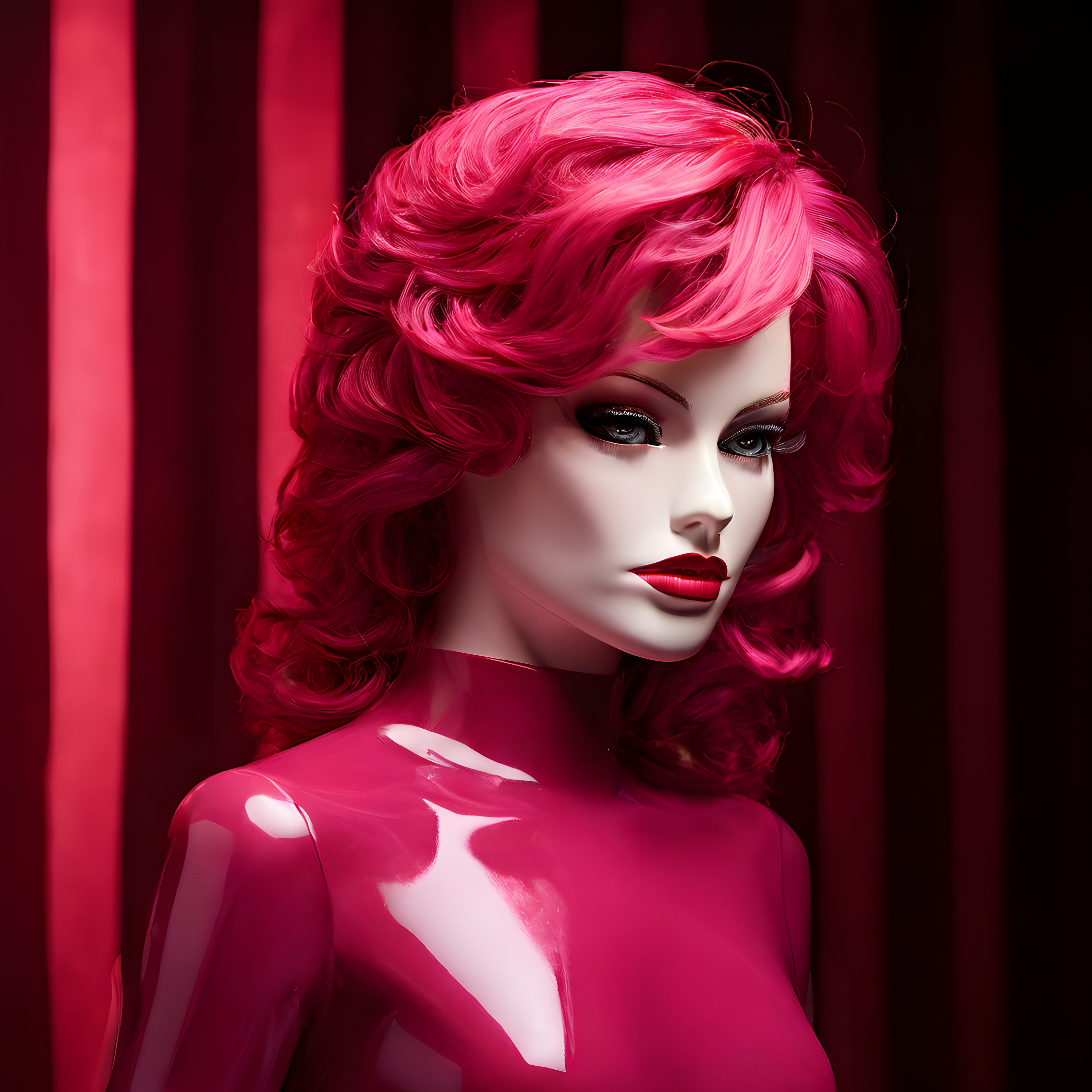 Yüksek Moda Pembe Bukleli Saç ve Parlak Latex Giyimli Manken Portresi