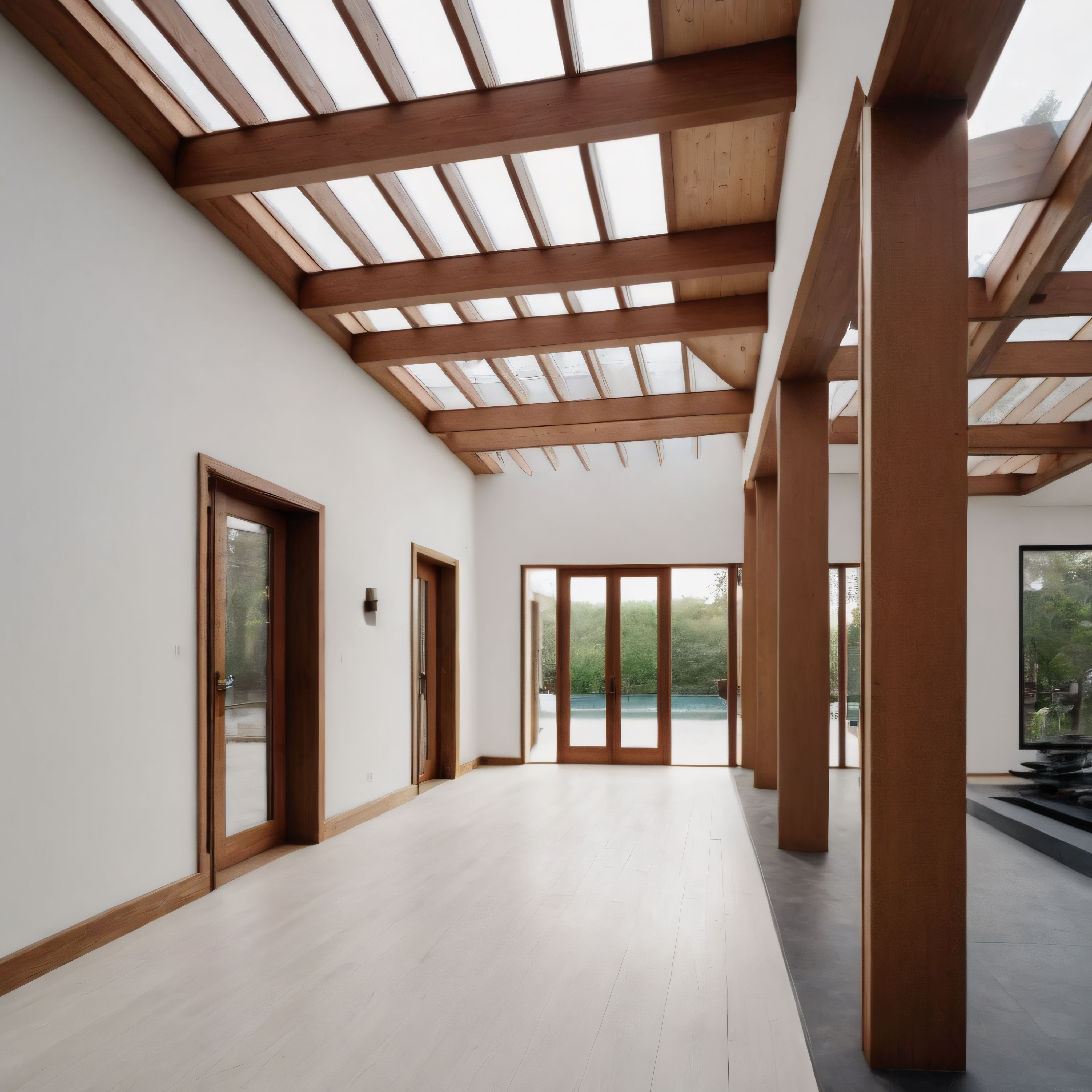 Yüksek Tavanlı Cam Çatı ve Ahşap Kirişli Lüks Modern Villa İç Mekânı