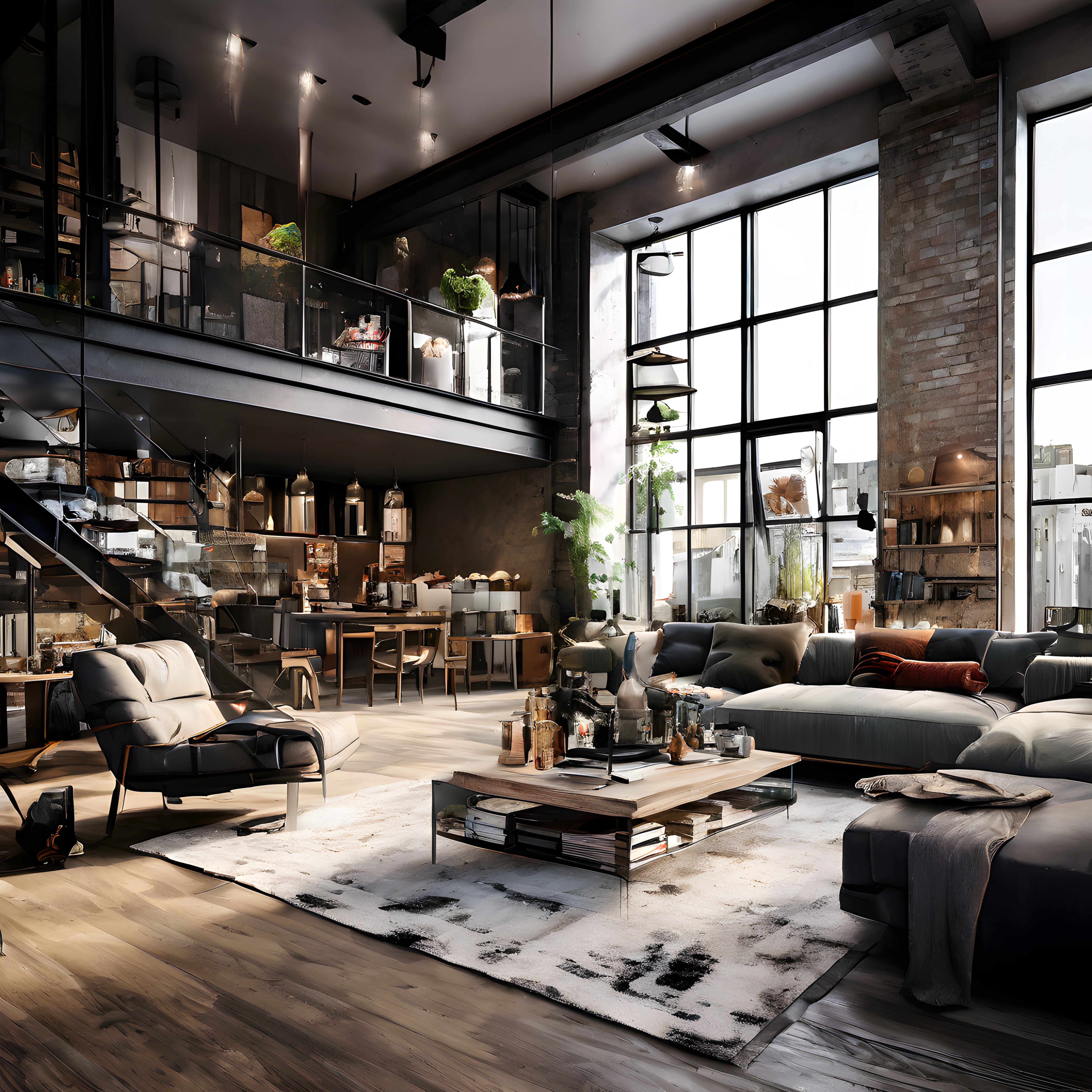 yüksek tavanlı endüstriyel loft daire dekorasyonu ve modern iç mekan tasarımı