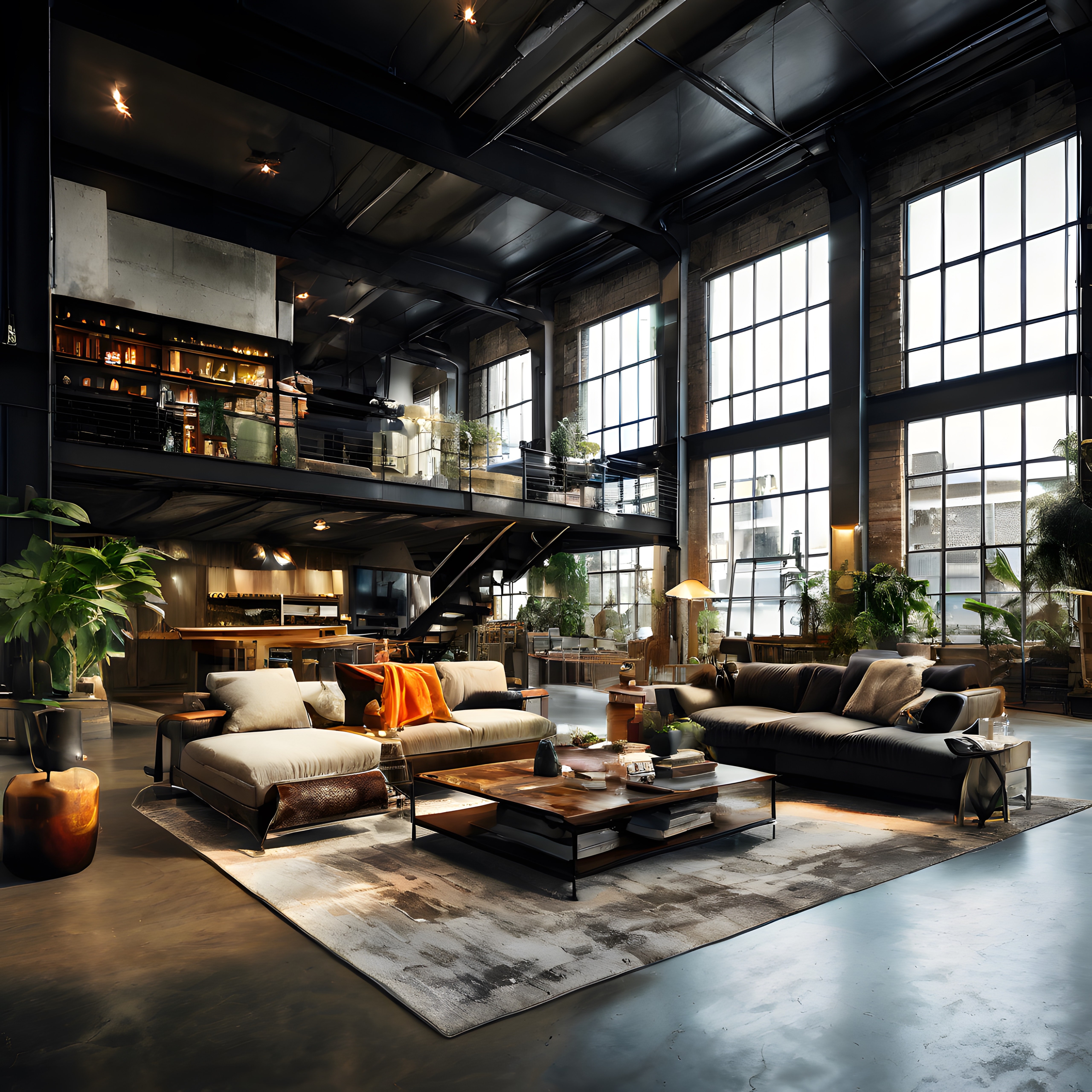 yüksek tavanlı endüstriyel loft mekanında ferah oturma odası ve mutfak