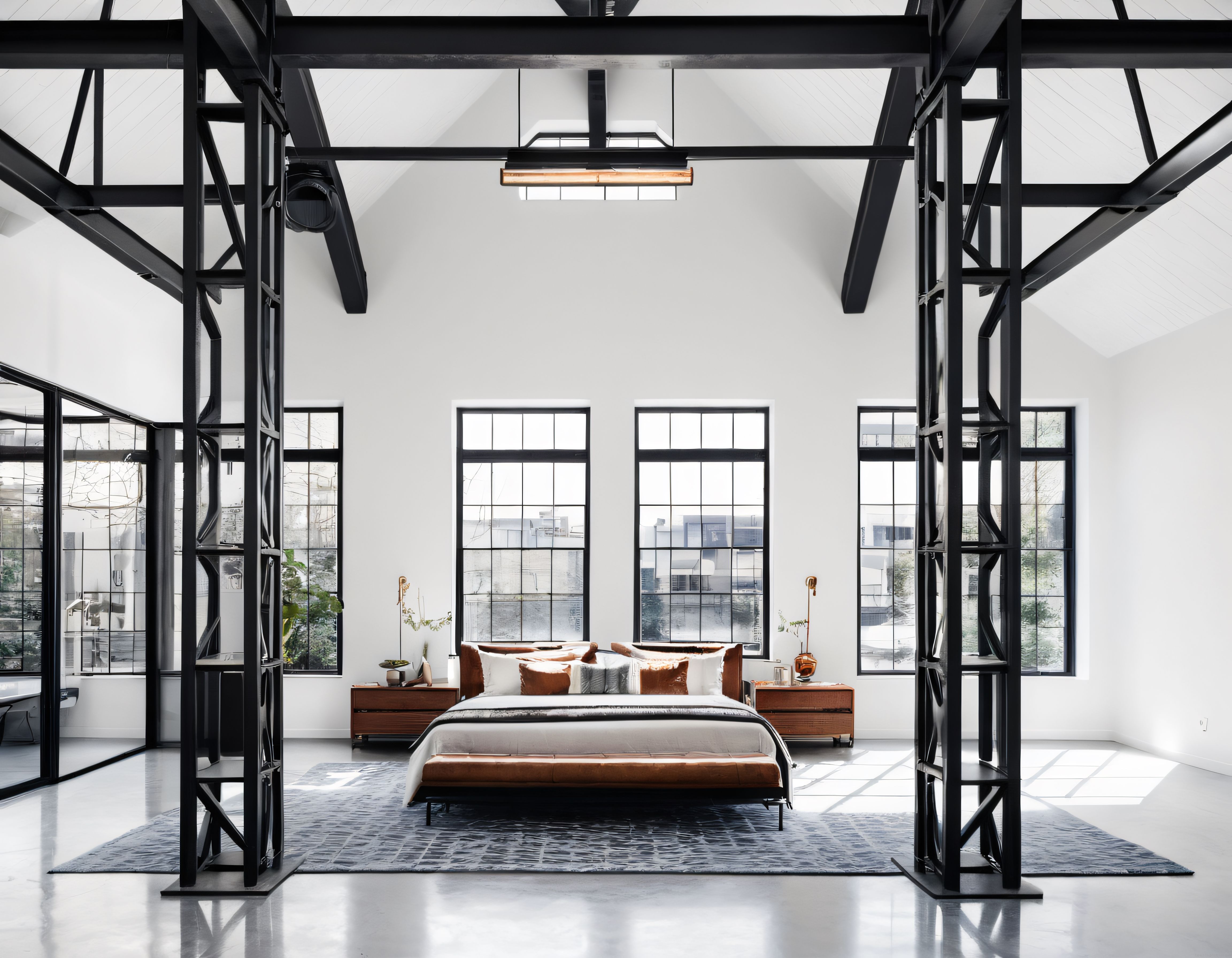 Yüksek Tavanlı Industrial Loft Yatak Odası: Siyah Çelik Kiriş ve Modern Dekor