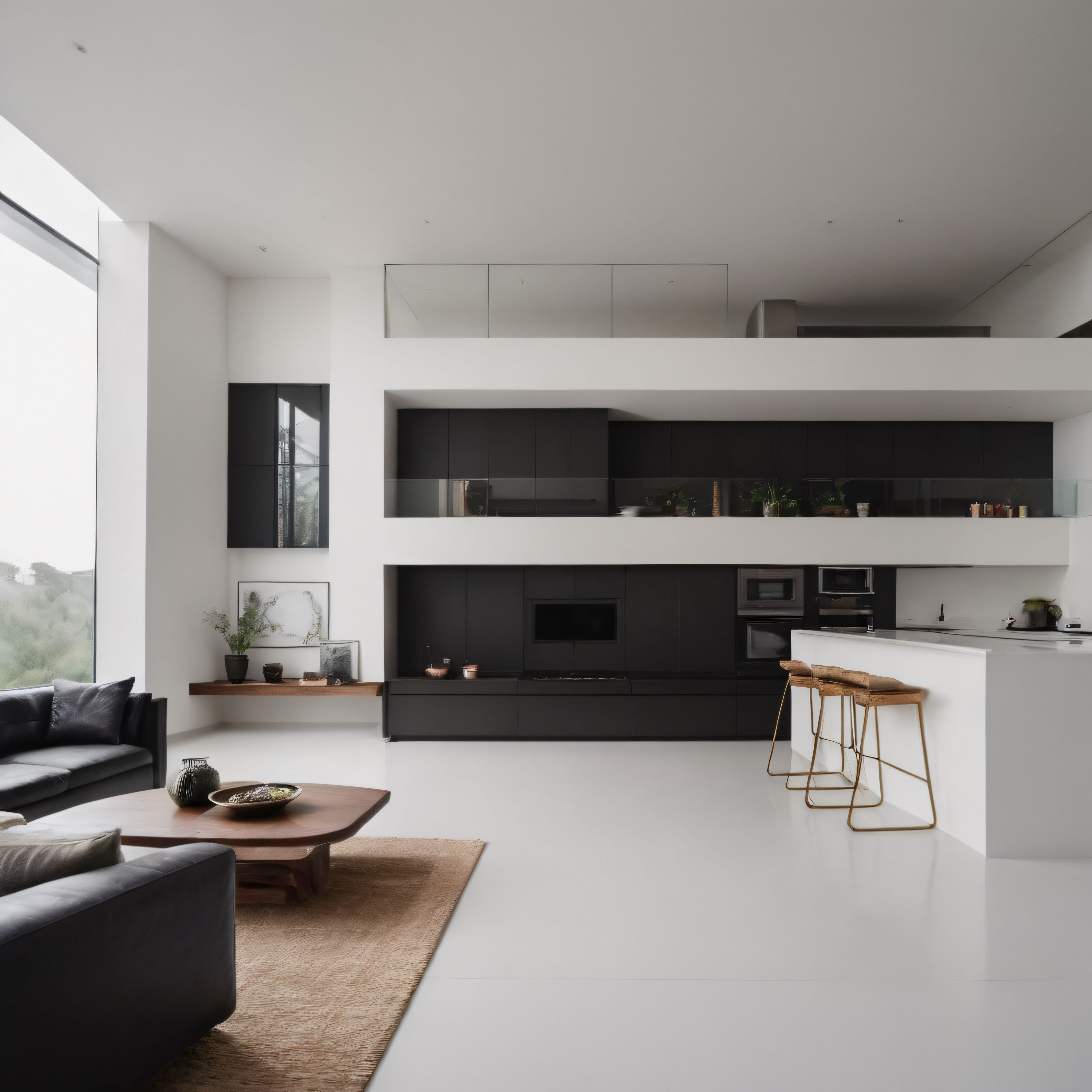 Yüksek Tavanlı Modern Ev İçi: Minimalist Siyah Beyaz Dekorasyon Örneği