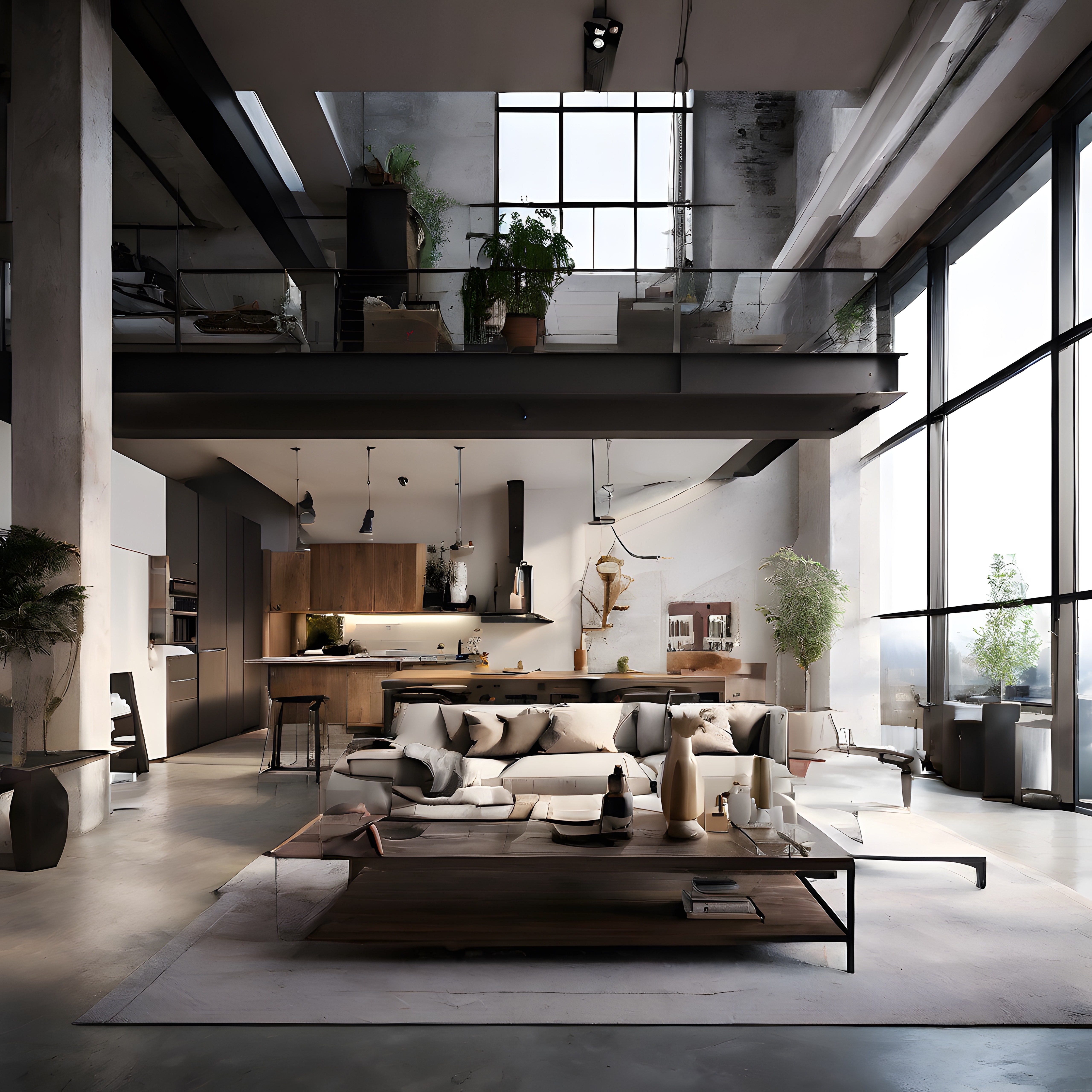 Yüksek Tavanlı Modern Loft: Doğal Işık ve Endüstriyel Detaylarla Şık İç Mekan