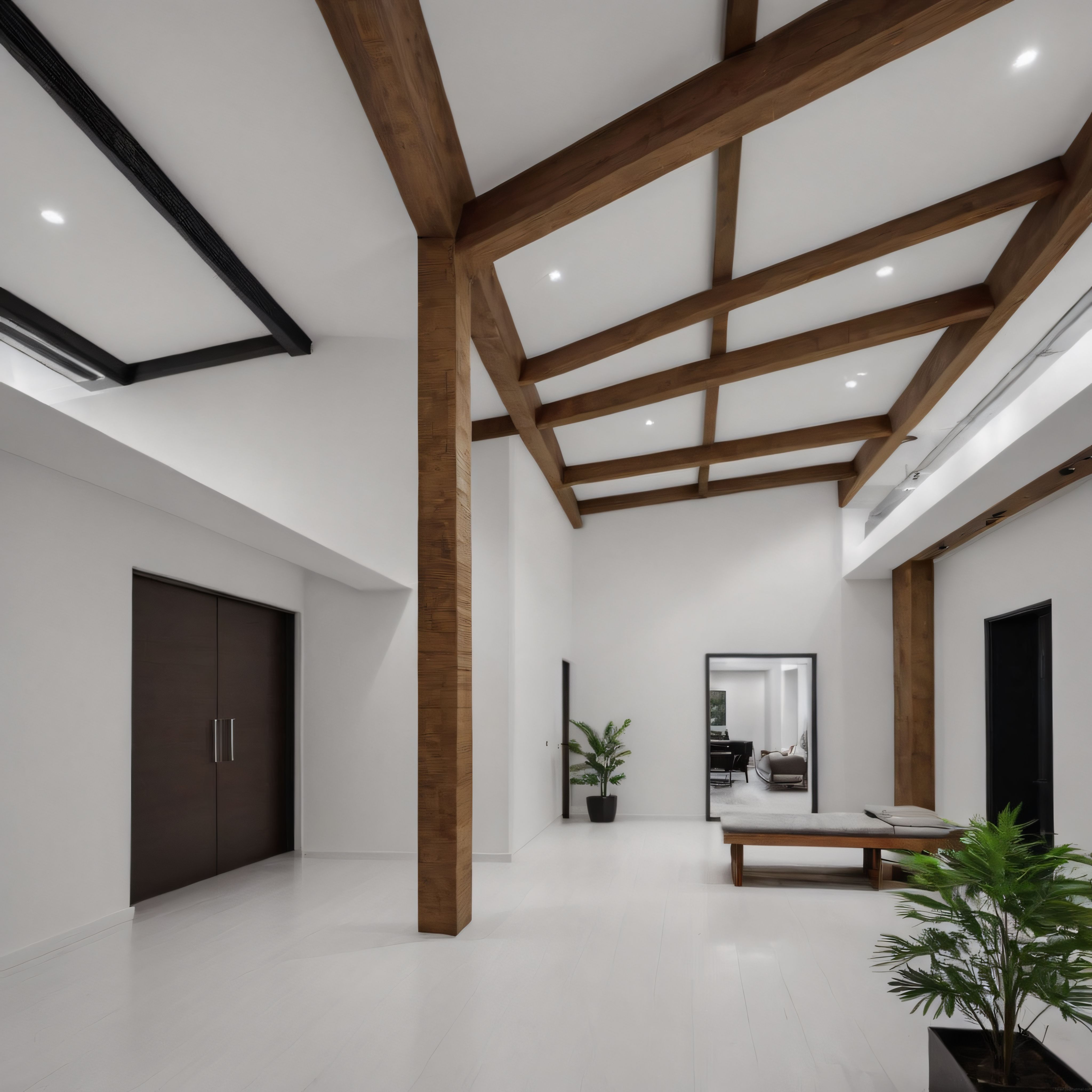Yüksek Tavanlı Modern Salon: Minimalist Dekor ve Doğal Ahşap Kiriş Detayları