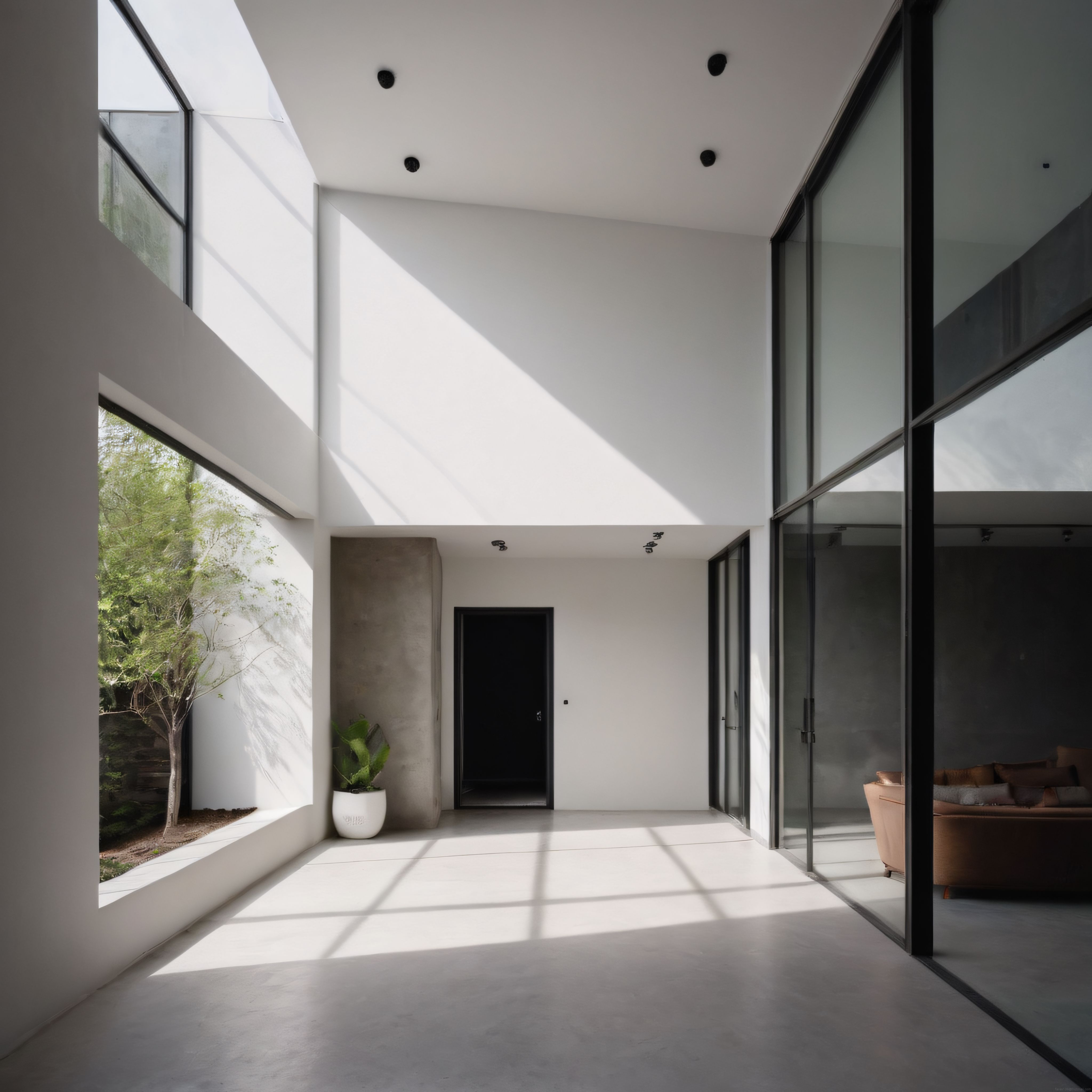 Yüksek Tavanlı Modern Villa İçi: Işık Gölgesi ve Cam Cephe Detayları