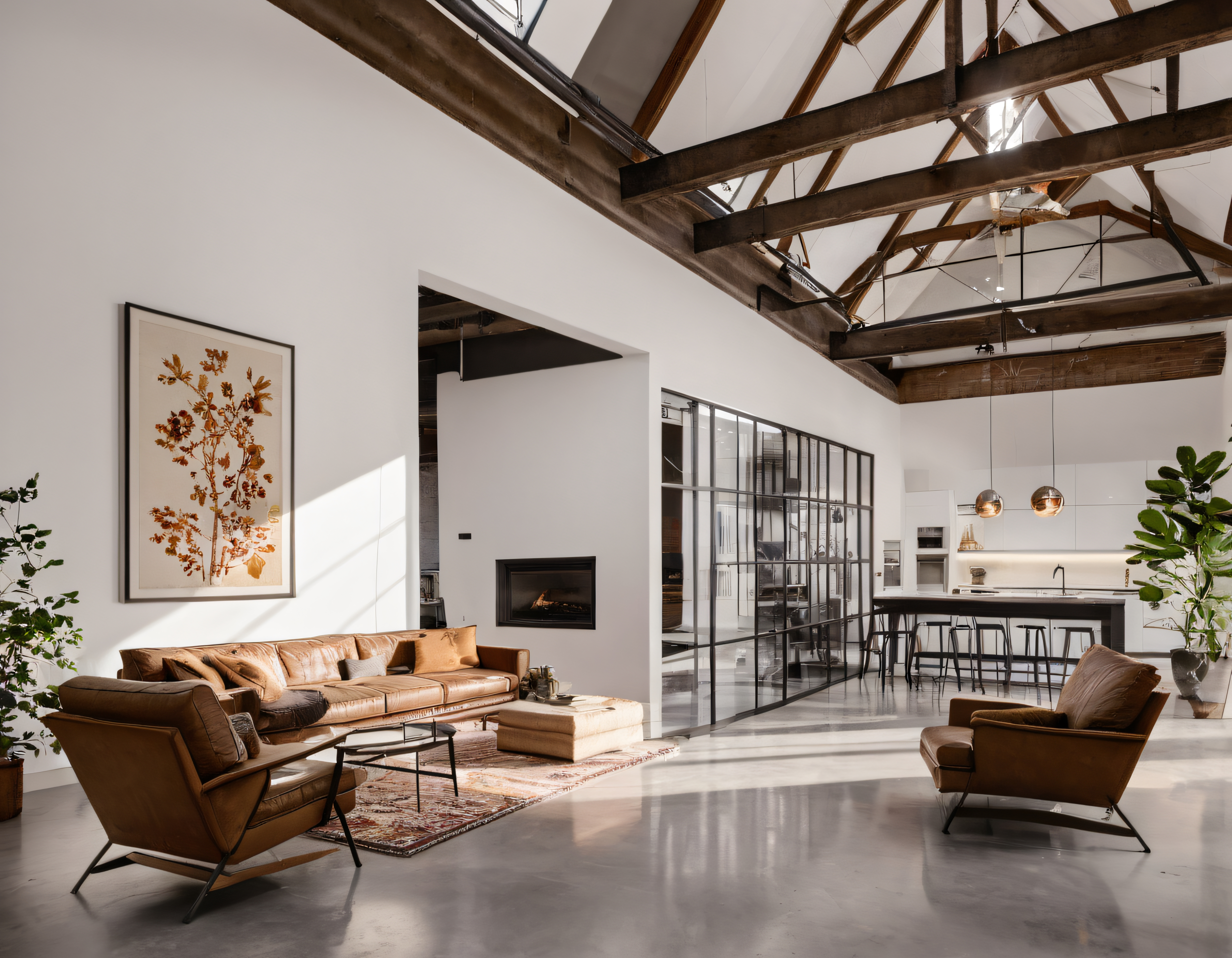 Yüksek Tavanlı ve Ahşap Kirişli Loft Tarzı Geniş Oturma Odası Dekorasyonu