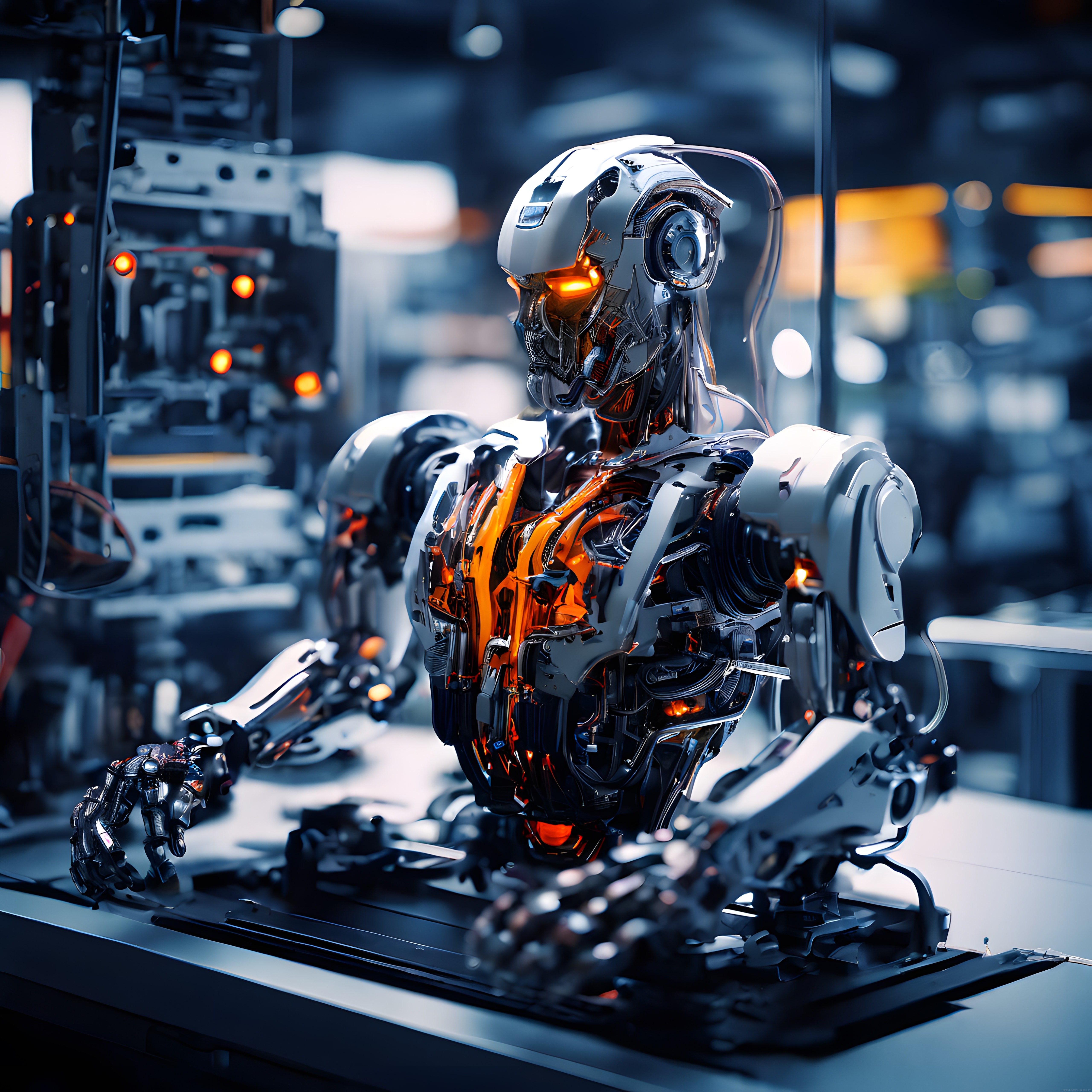 Yüksek Teknoloji Laboratuvarında Turuncu Gözlü Geleceğin İnsansı Robotu