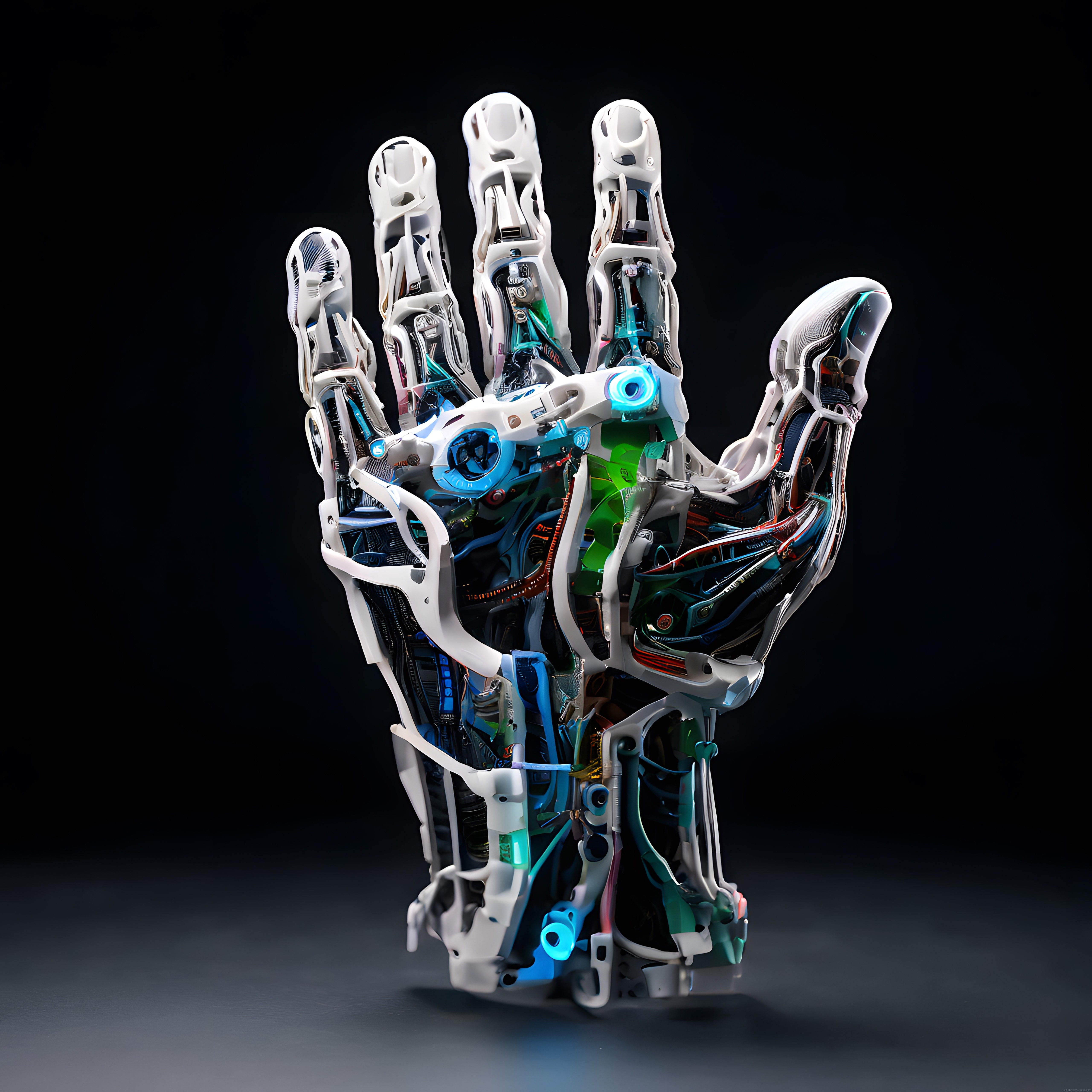 Yüksek Teknolojili Beyaz Robotik El: Mavi ve Yeşil Neon Devre Detayları
