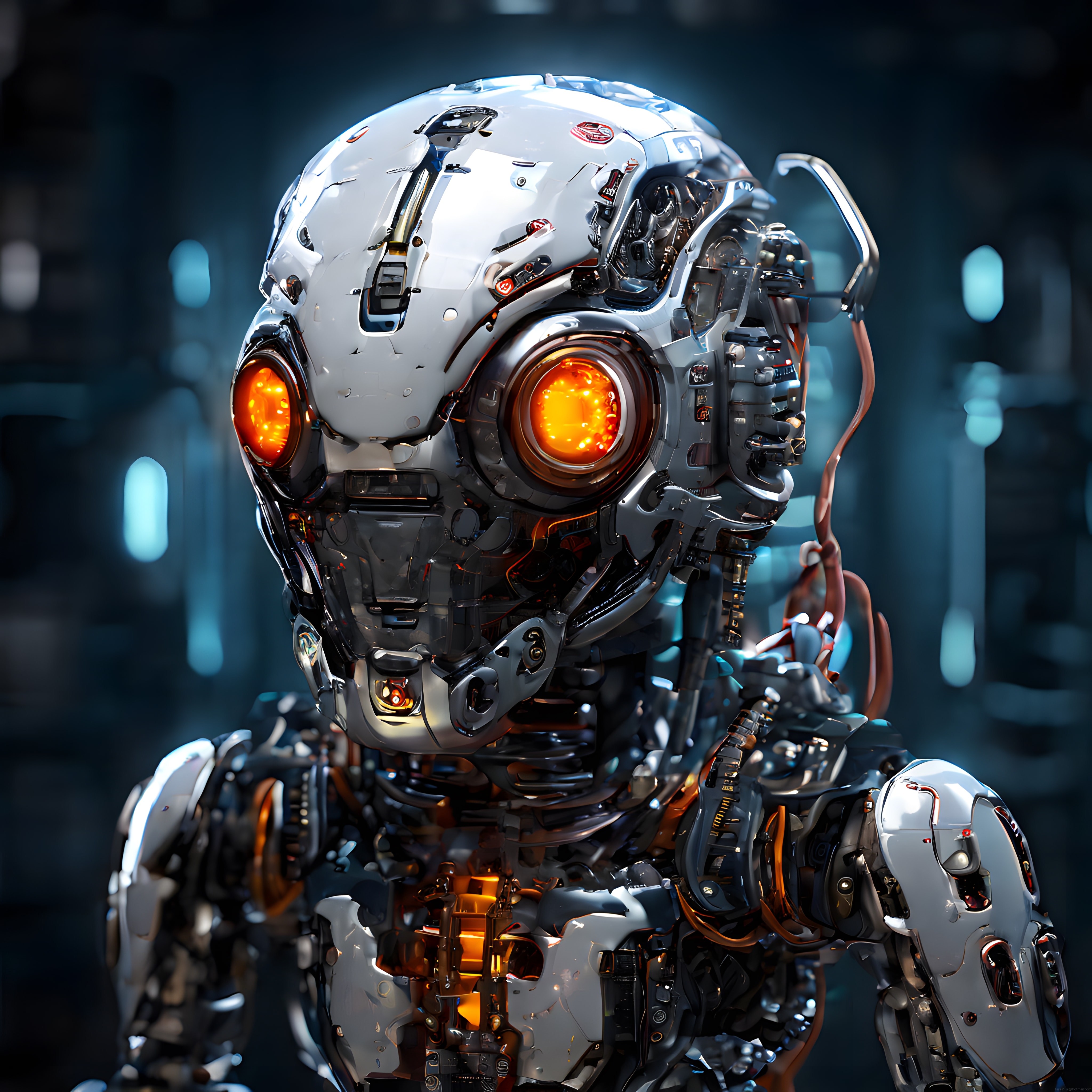 Yüksek Teknolojili İnsansı Robotun Detaylı Metalik Yüz Portresi