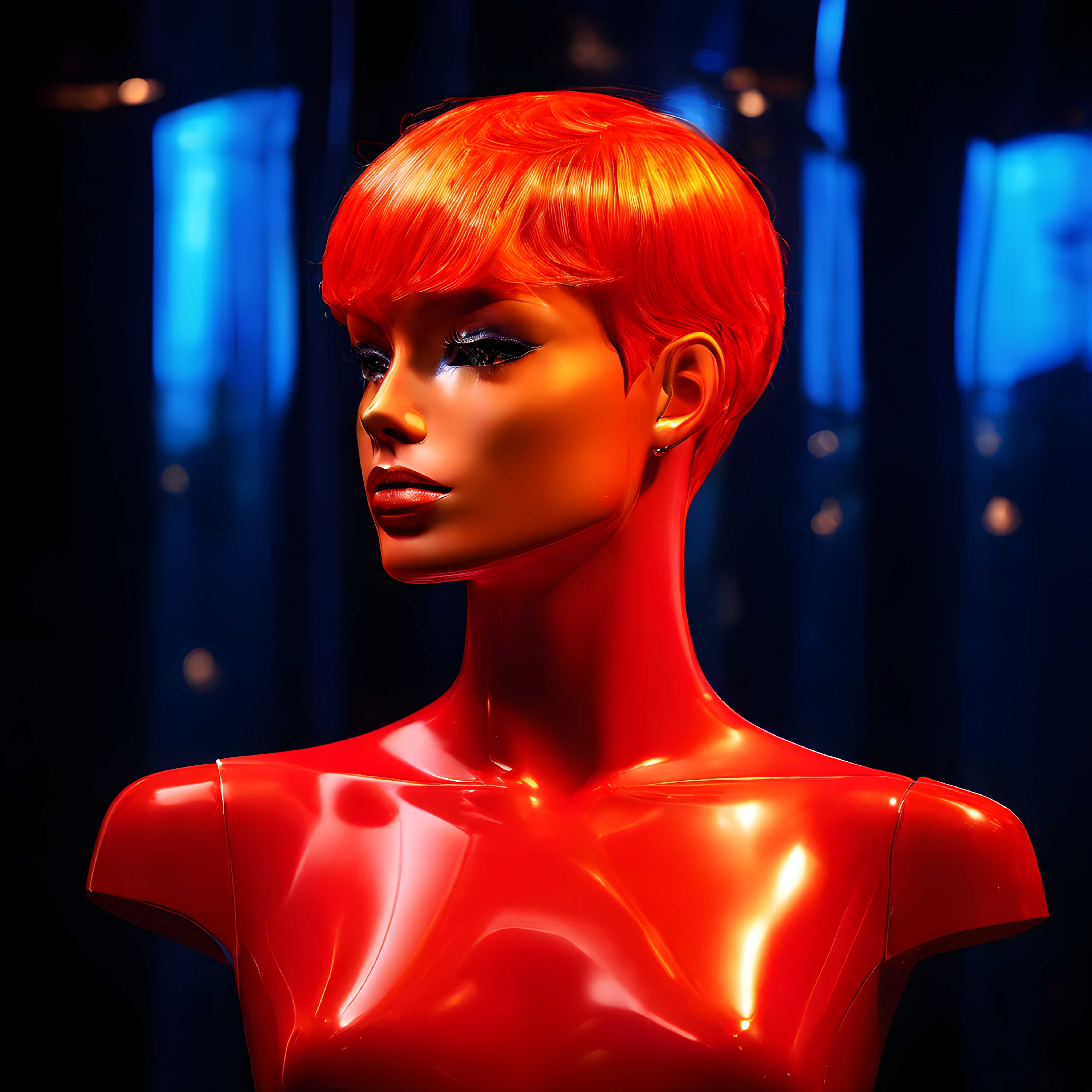 Yüksek Teknolojili Kırmızı Android Portre ve Neon Cyberpunk Atmosfer