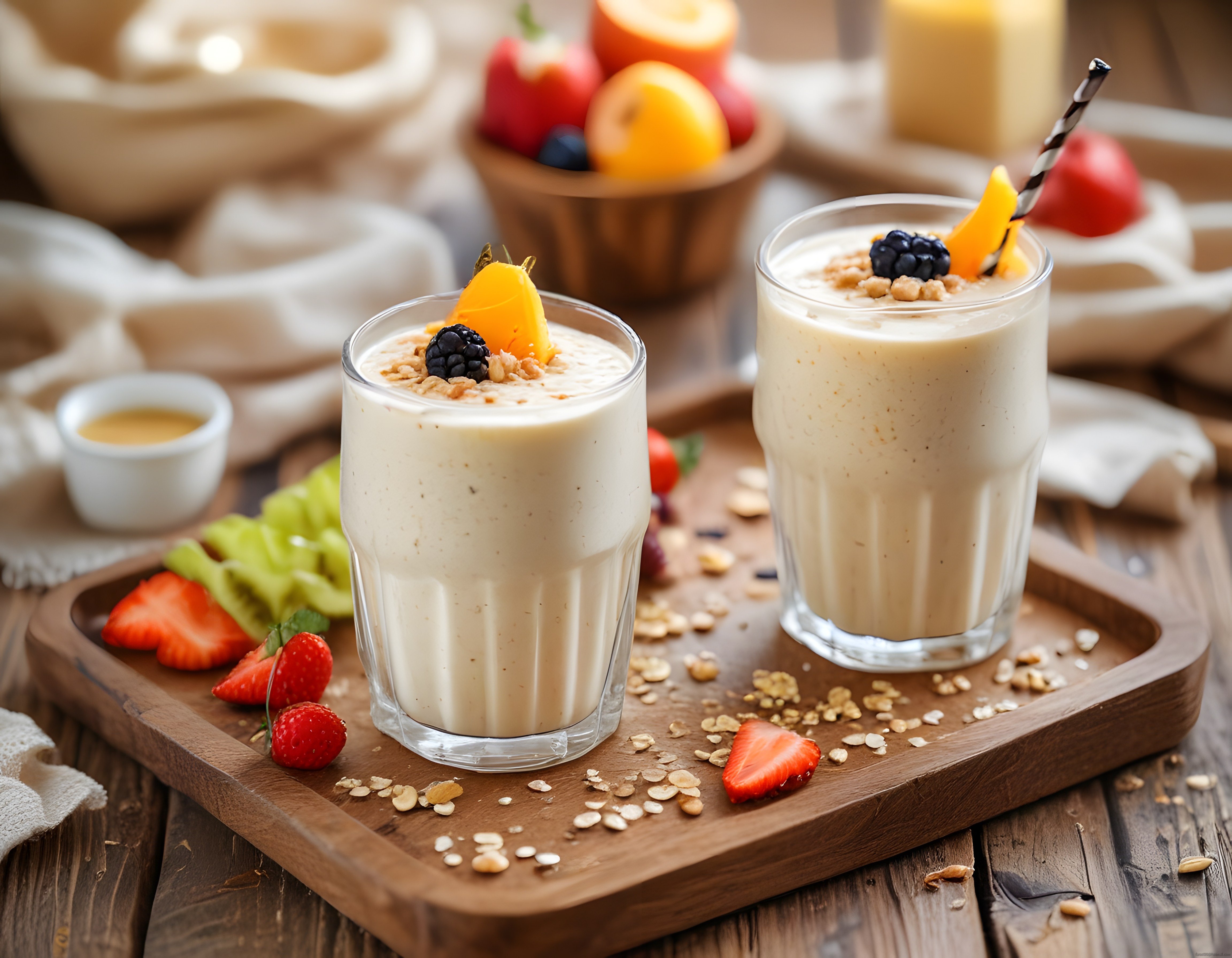 Yulaf ve Taze Meyveli Smoothie: Doğal Ahşap Sunumda Sağlıklı İçecek