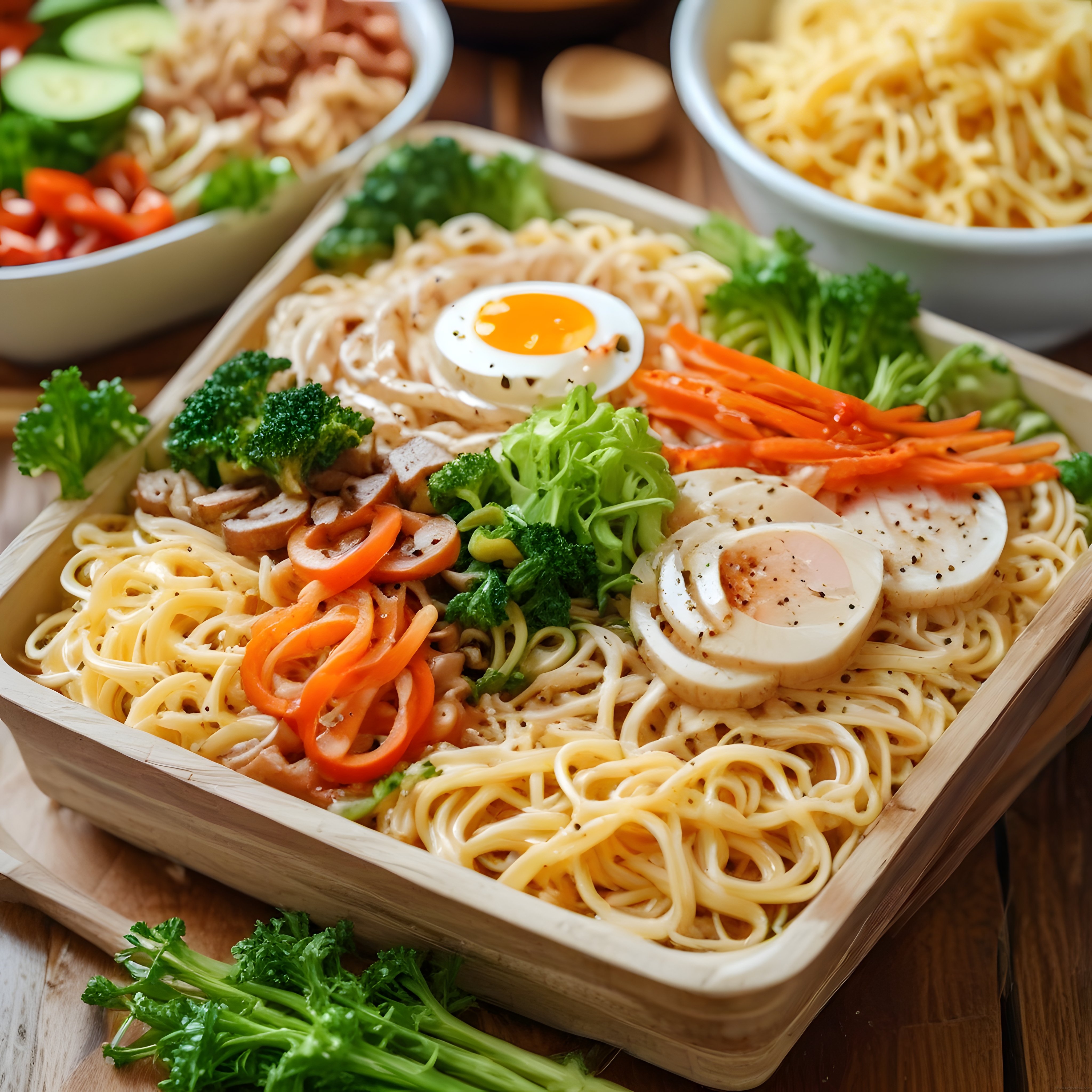 Yumurta, brokoli, havuç ve mantar ile renkli noodle makarna tepsisi