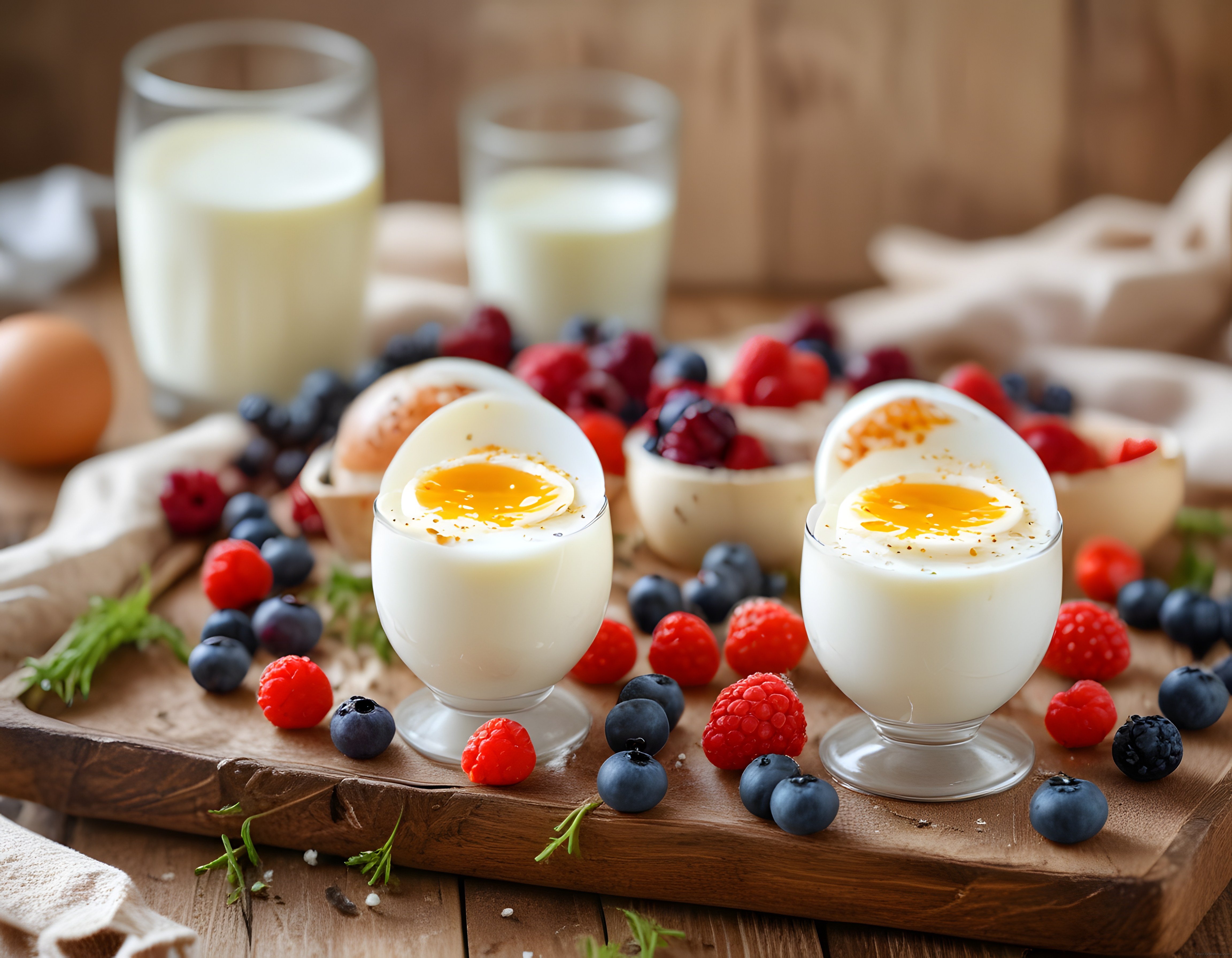 yumurta kabında sulu yumurta ve taze orman meyveli rustik ahşap kahvaltı