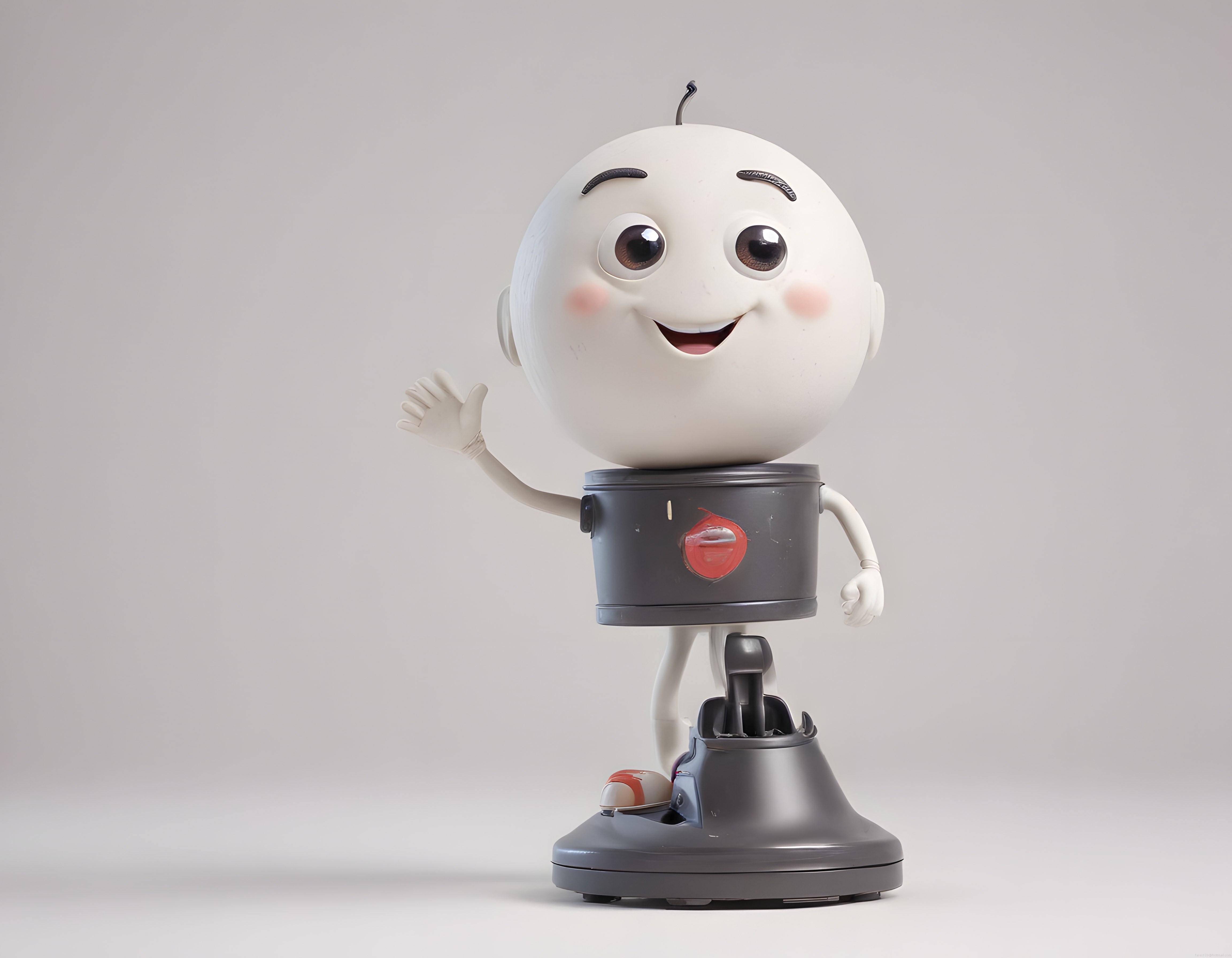 Yumurta kafalı sevimli 3D robot karakteri beyaz fon üzerinde el sallıyor
