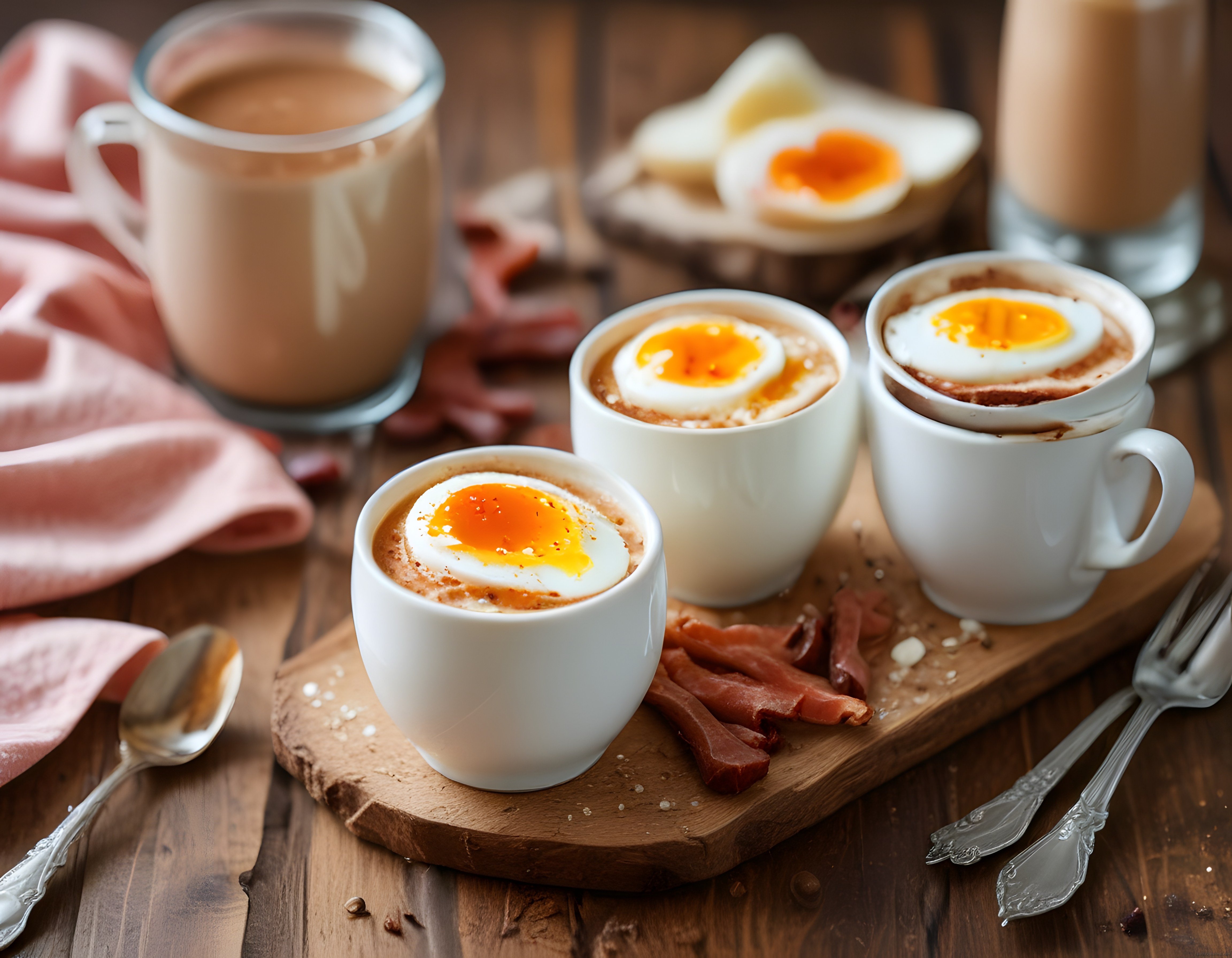 Yumurta kaplarında pastırmalı ve yumurtalı rustik kahvaltı sunumu